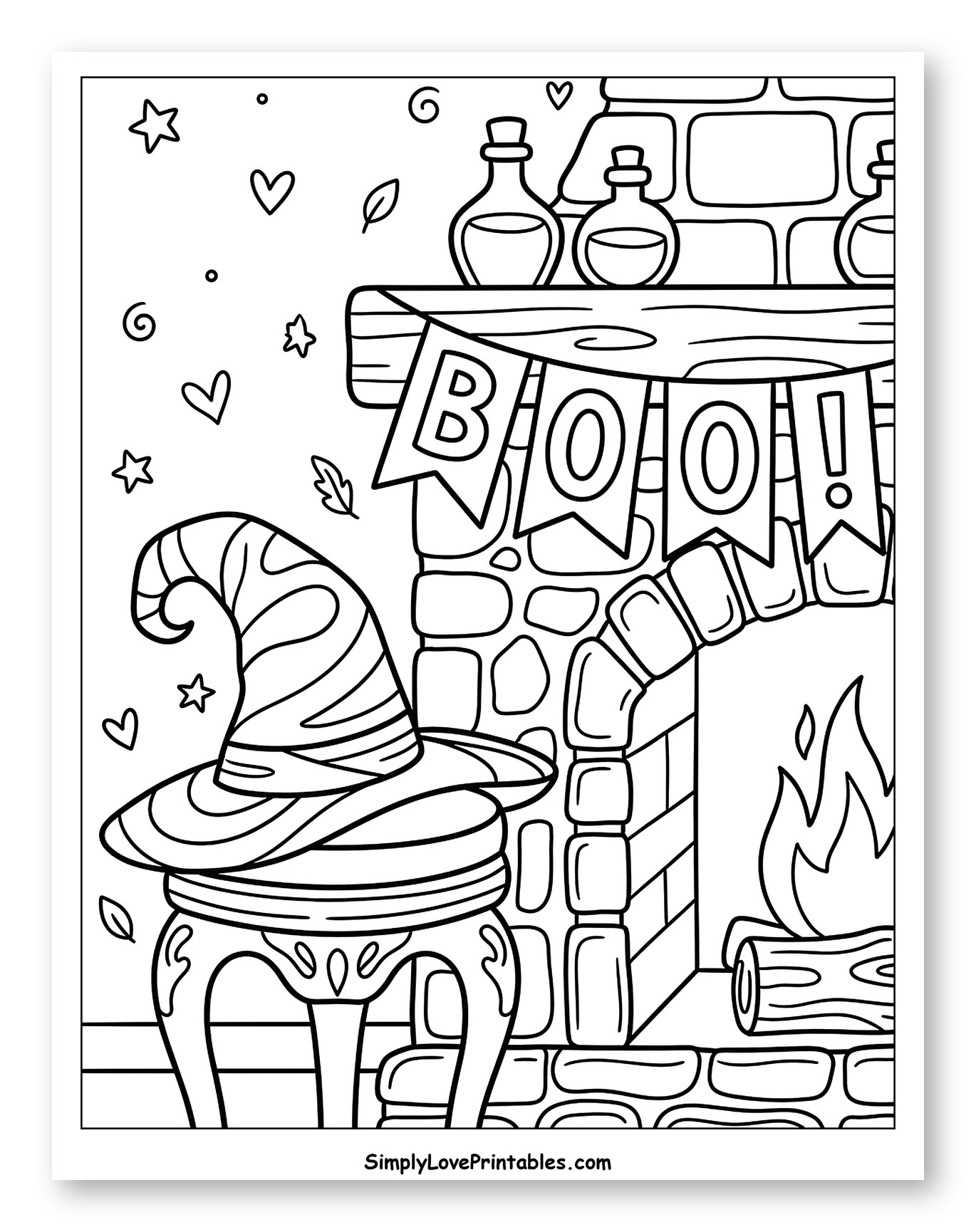 Halloween Fireplace with Witch's Hat Coloring Page for Adults