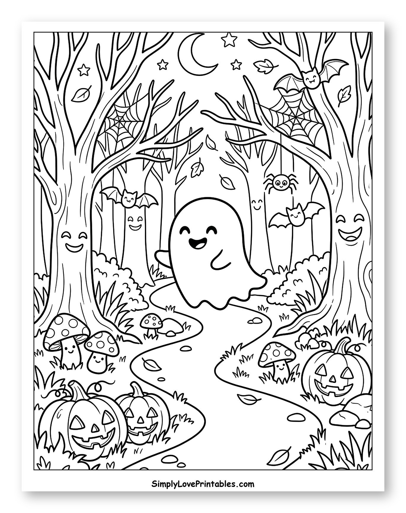 Halloween Forest Path with Friendly Ghost Coloring Page for Kids