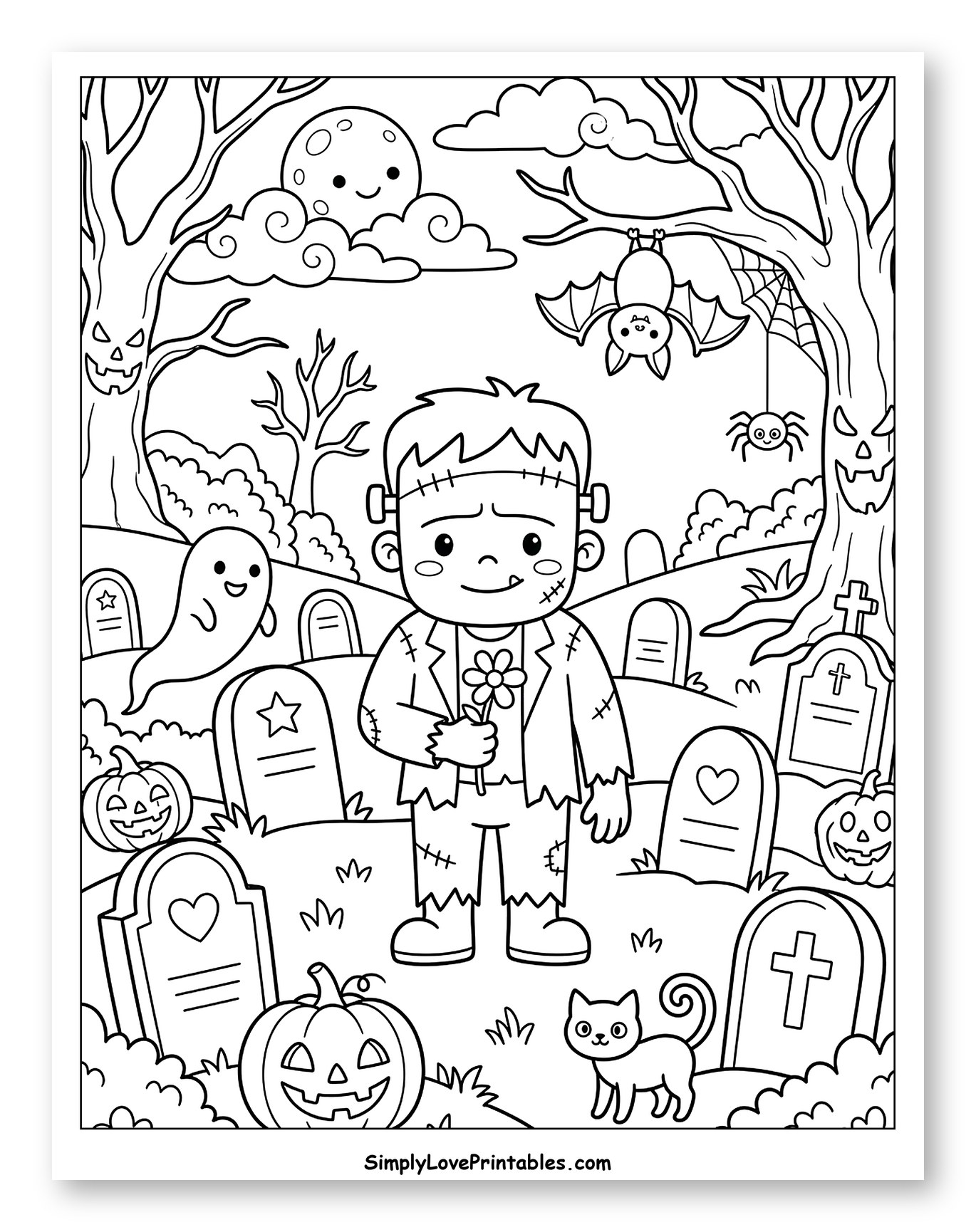 Halloween Graveyard Scene with Friendly Monsters to Color for Kids