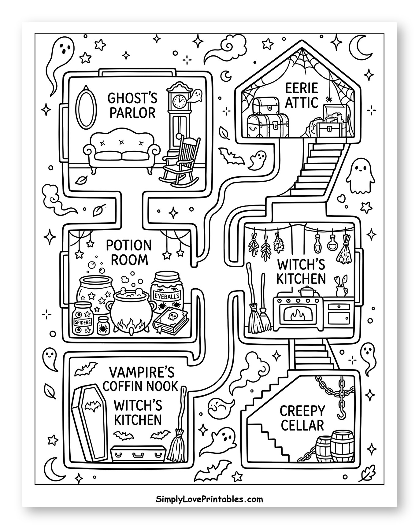 Halloween Haunted House Layout to Color for Adults