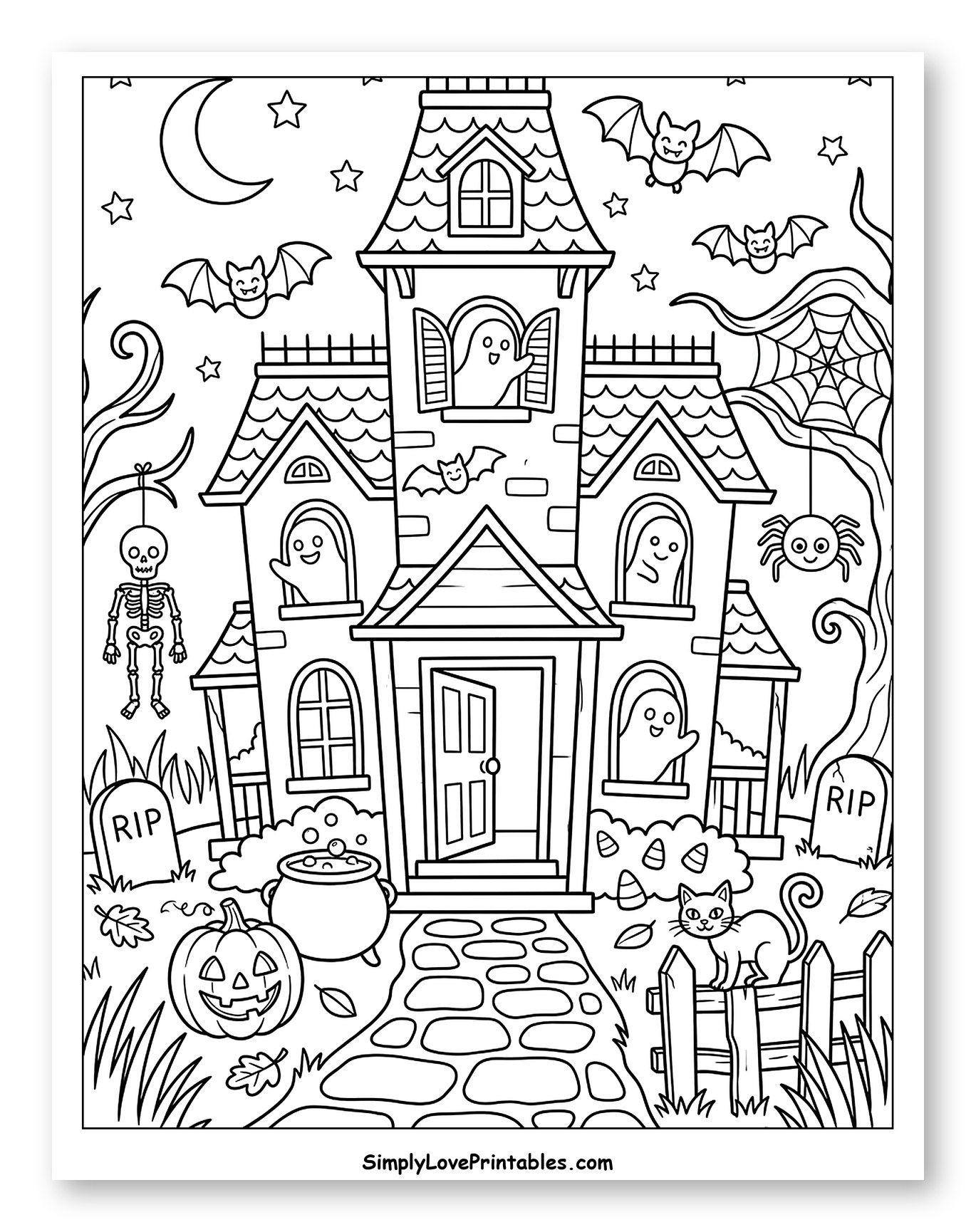Halloween Haunted House with Friendly Ghosts to Color for Kids