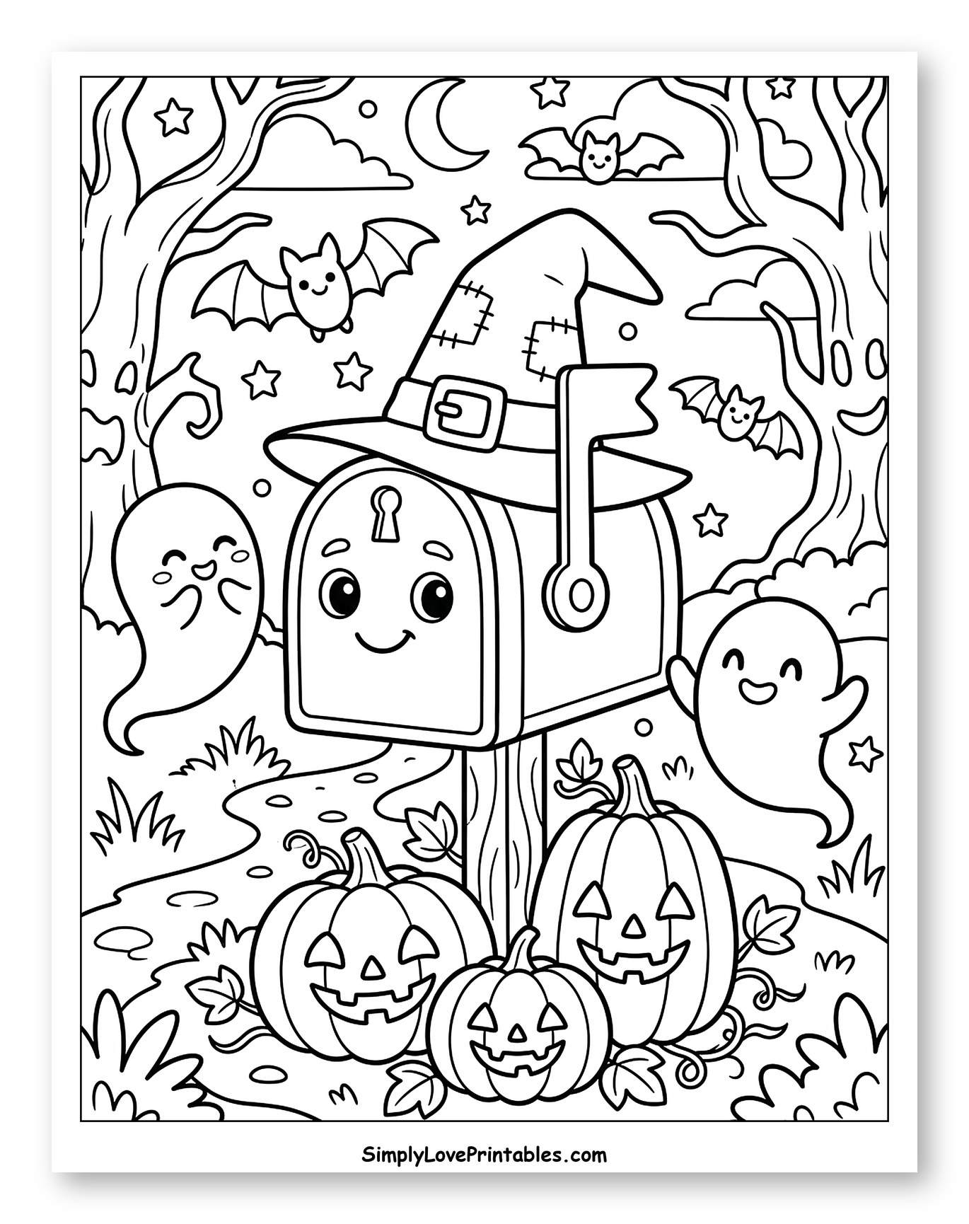 Halloween Mailbox with Friendly Ghosts and Pumpkins Coloring Page for Kids