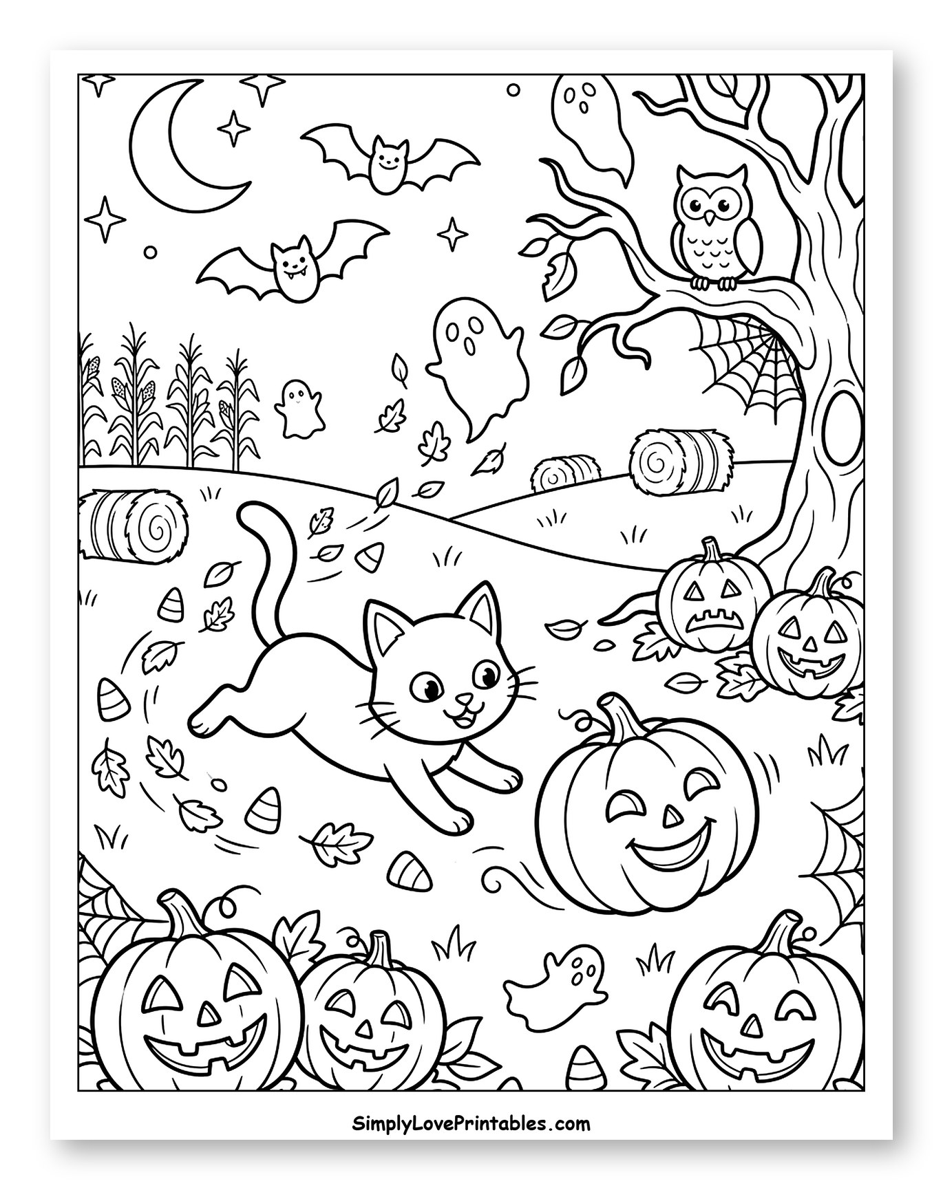 Halloween Night with Cat, Pumpkins, and Ghosts