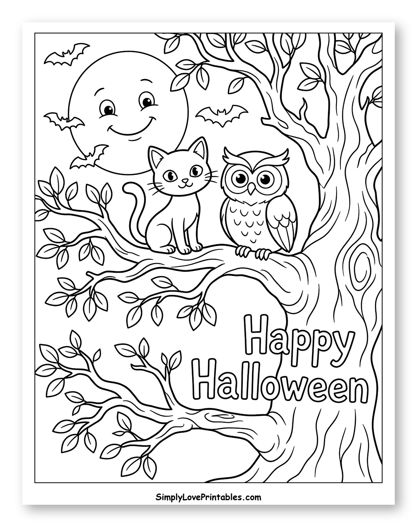 Halloween Night with Owl, Cat, and Moon