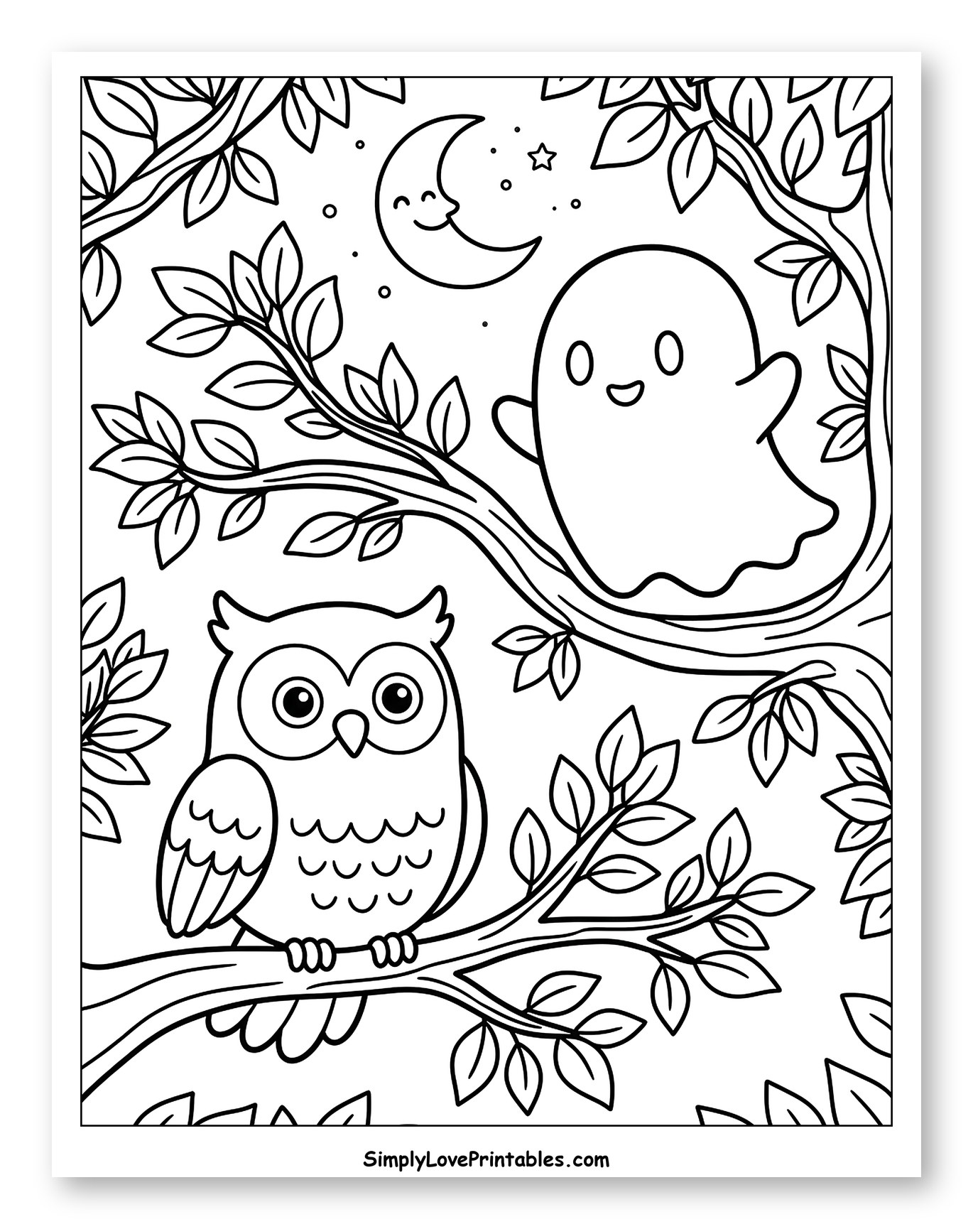 Halloween Owl and Ghost with Smiling Moon