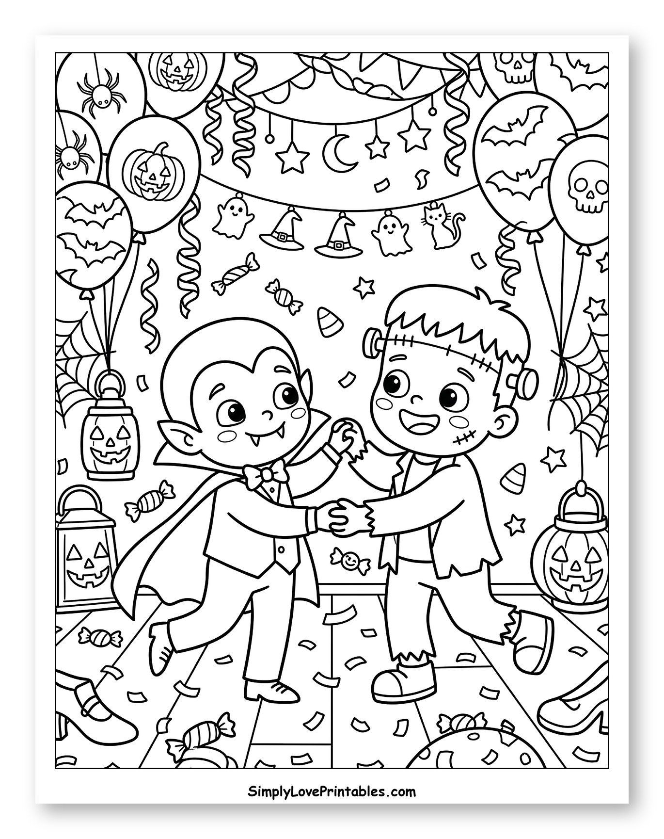 Halloween Party Vampire and Frankenstein Dancing Coloring Sheet for Kids