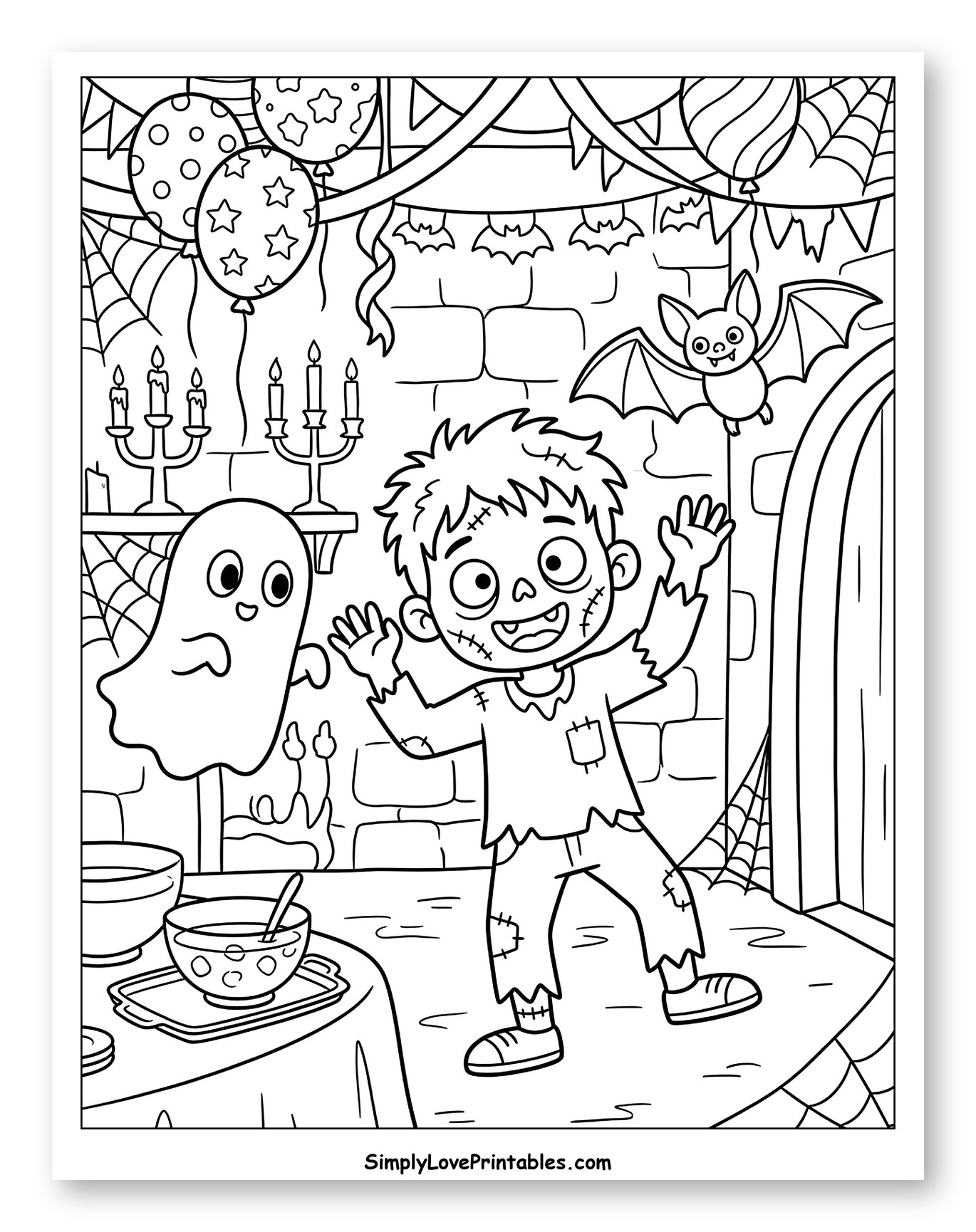 Halloween Party with Zombie Ghost and Bat to Color for Kids