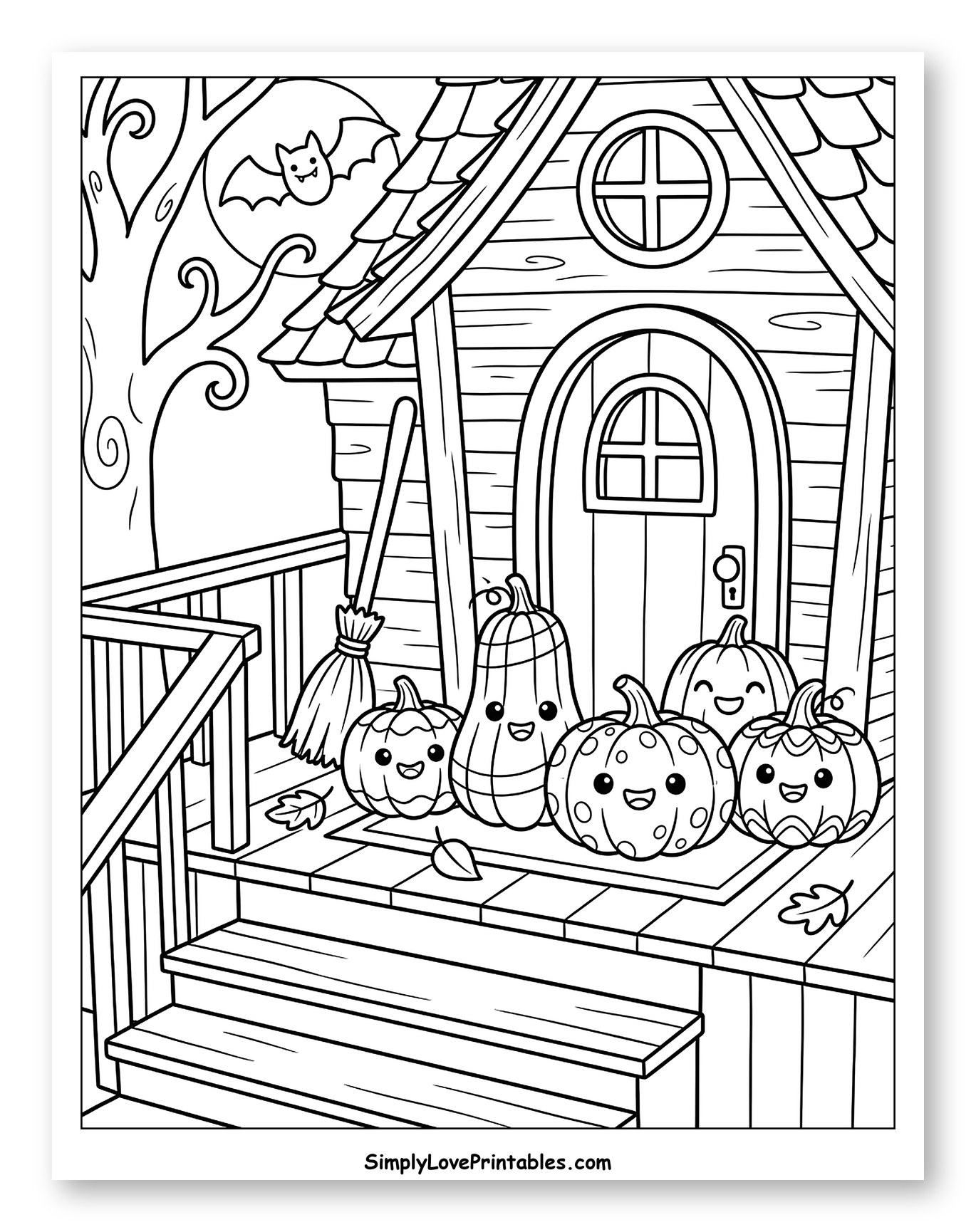 Halloween Porch Scene with Smiling Pumpkins and Bat to Color for Kids