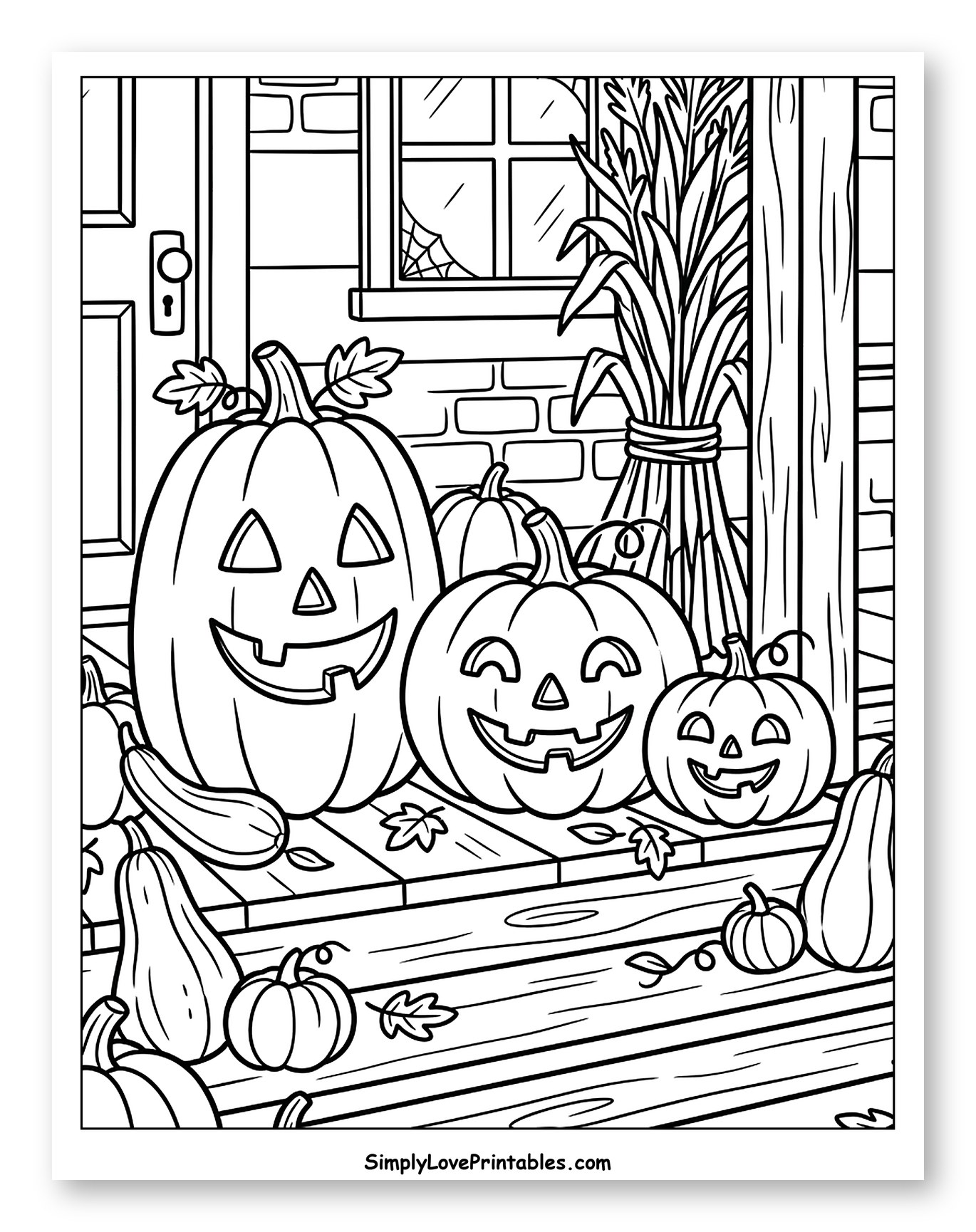Halloween Porch with Jack-o'-Lanterns and Pumpkins