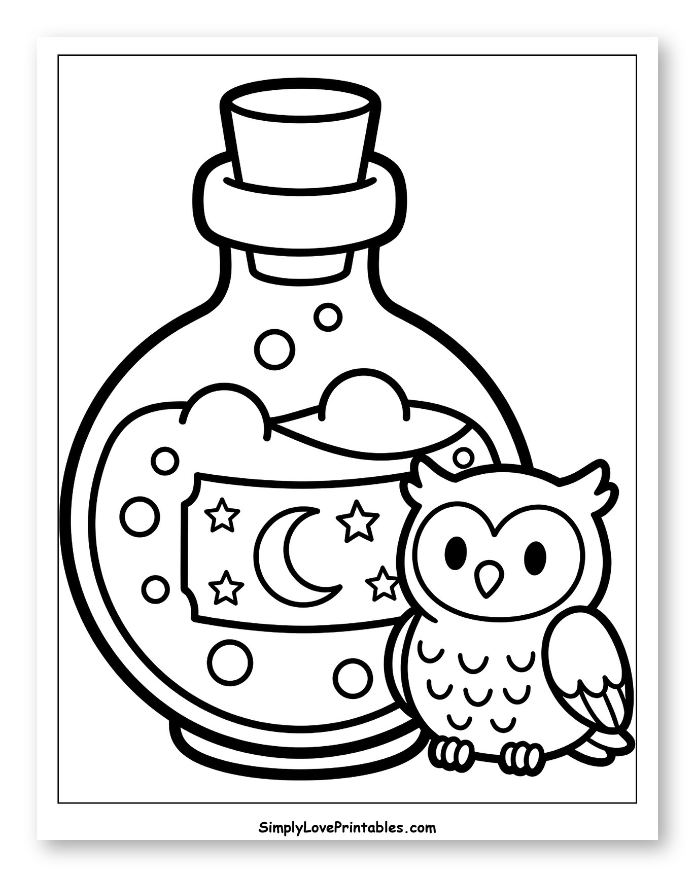 Halloween Potion Bottle and Cute Owl Coloring Page for Toddlers