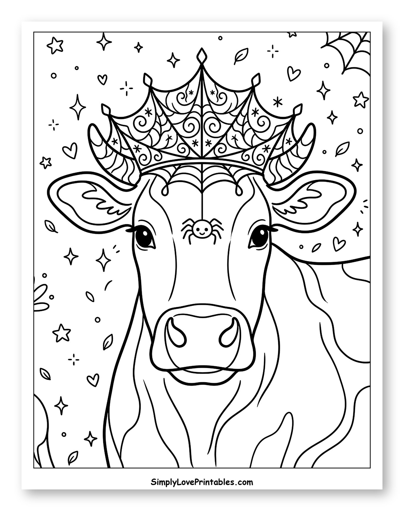Halloween Princess Cow with Spiderweb Crown Coloring Sheet for Adults