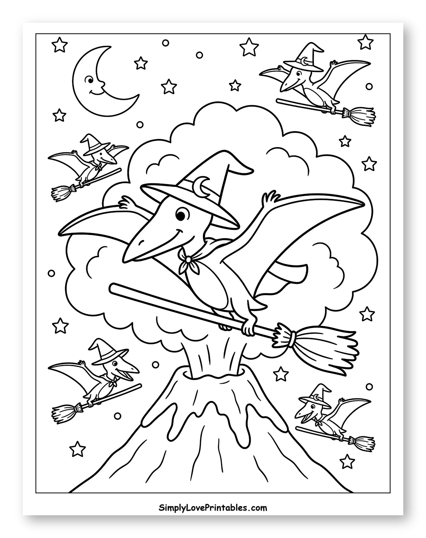 Halloween Pterodactyl Witches Flying from Volcano