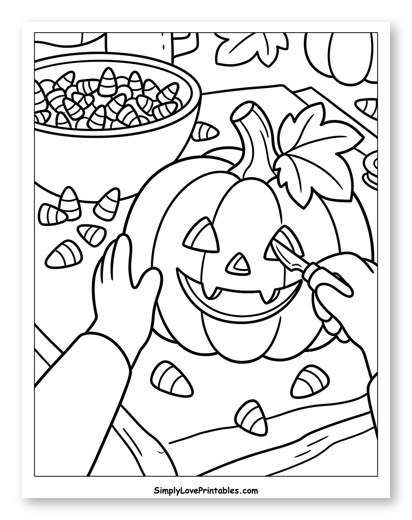 Halloween Pumpkin Carving with Candy Corn Coloring Page for Kids