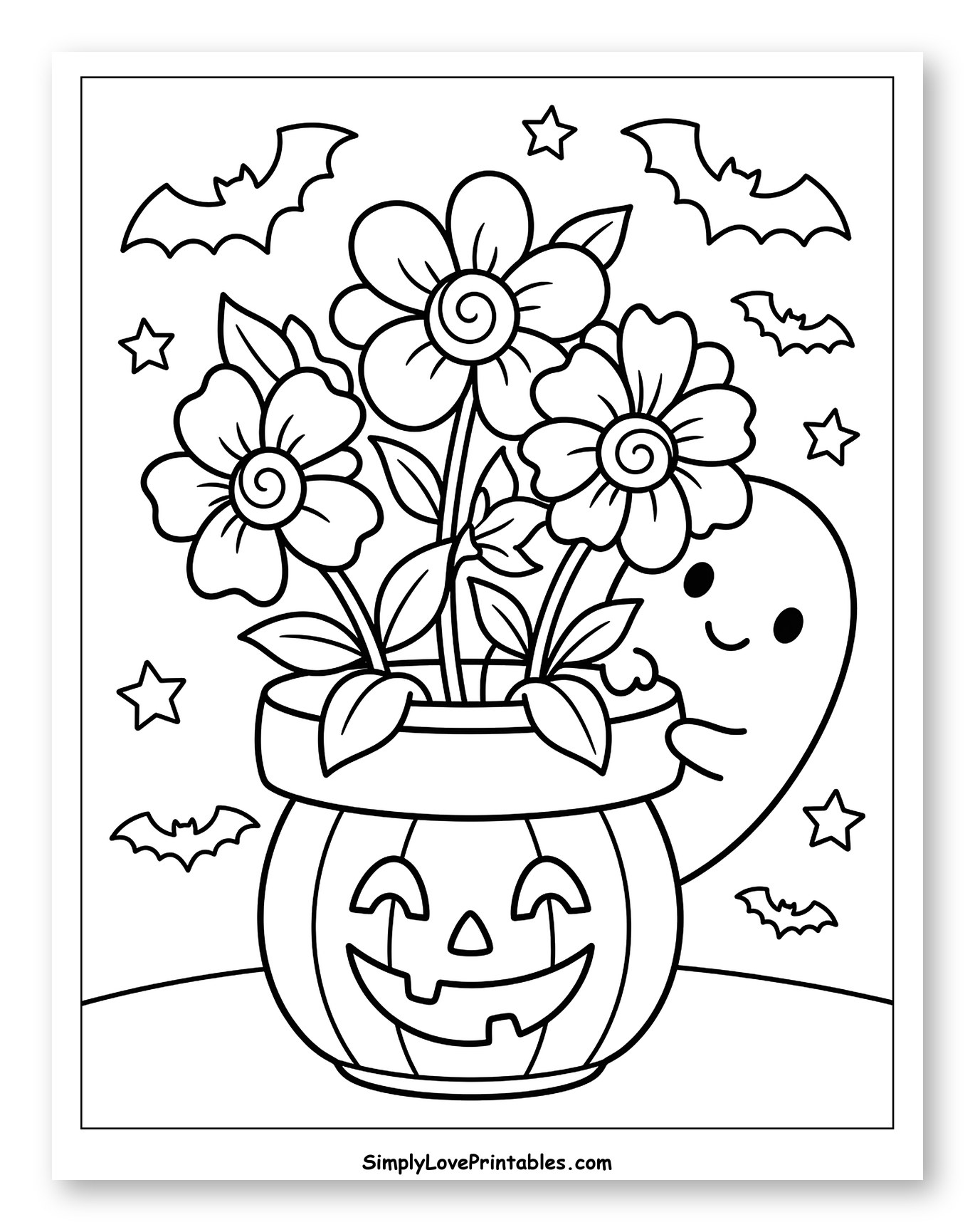 Halloween Pumpkin Flower Pot with Friendly Ghost Coloring Page for Kids