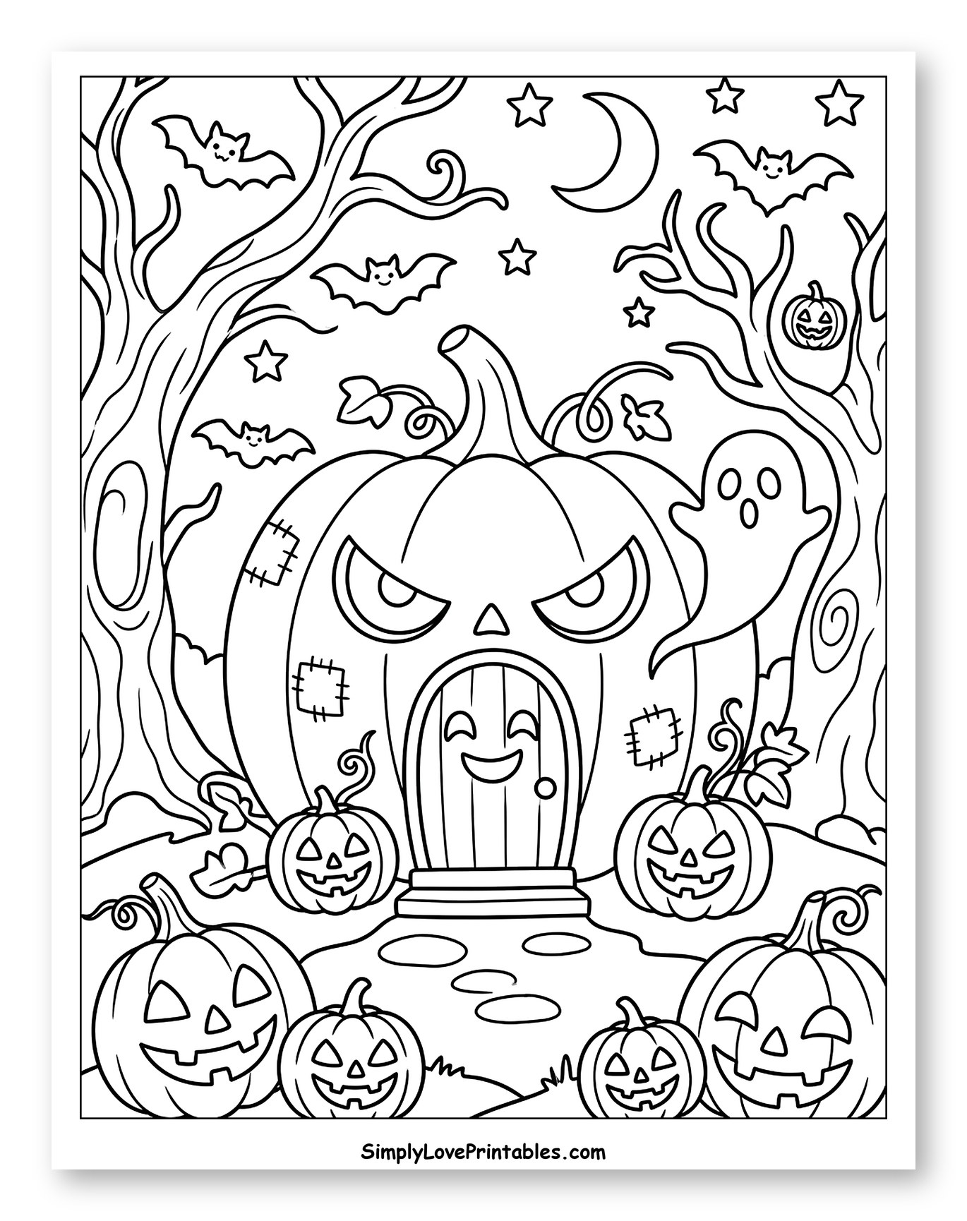 Halloween Pumpkin House in a Haunted Forest to Color for Kids