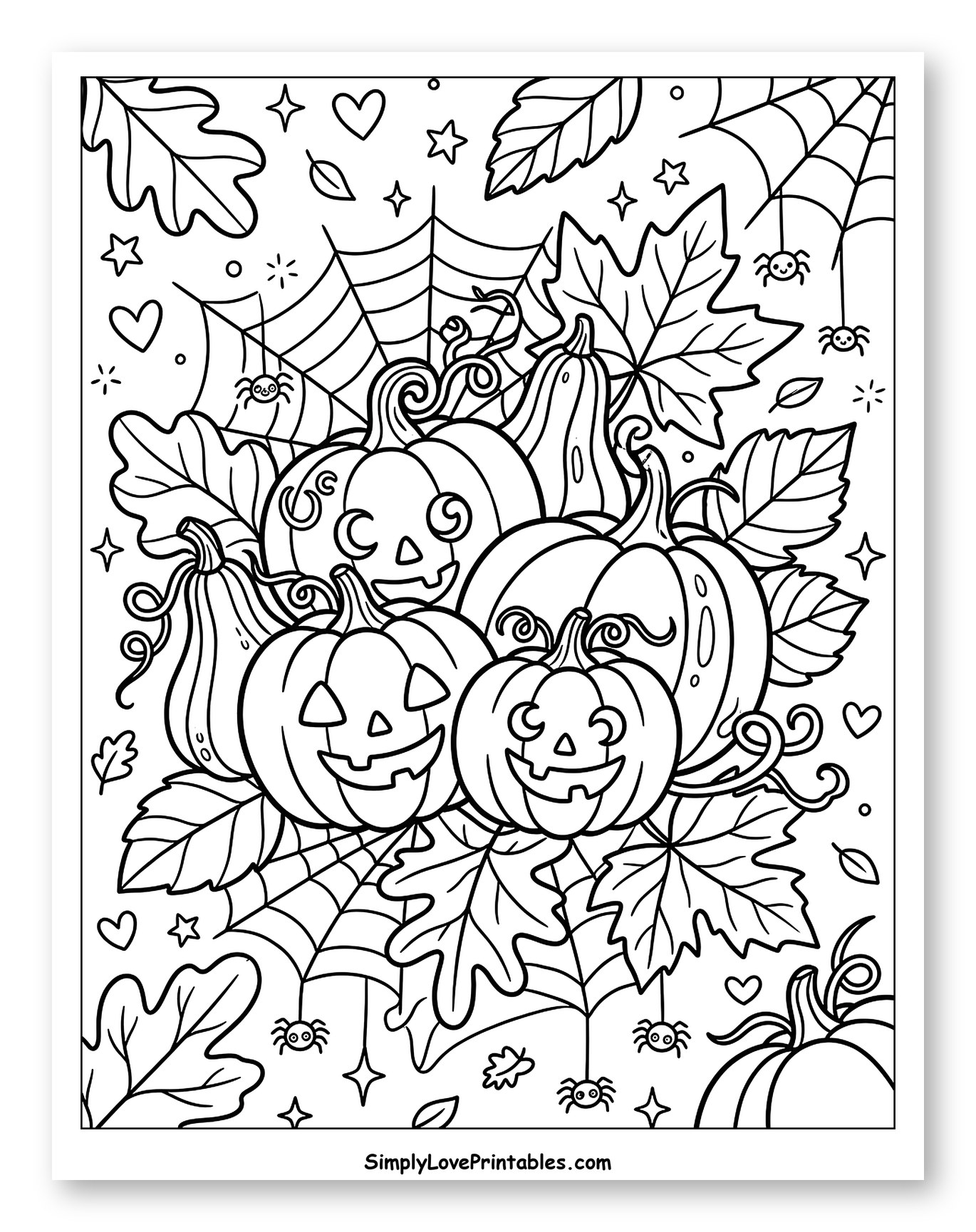 Halloween Pumpkins with Spiders and Autumn Leaves Coloring Page for Adults