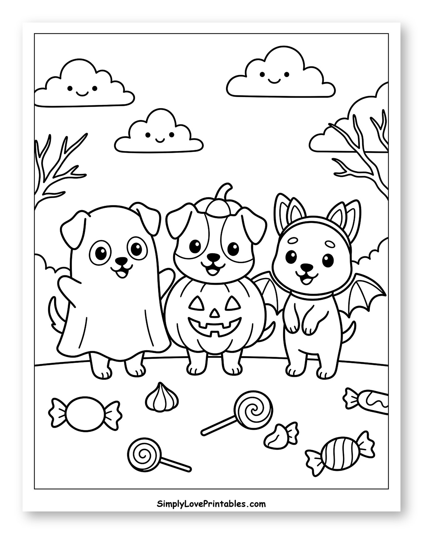 Halloween Puppy Trio with Treats to Color for Kids