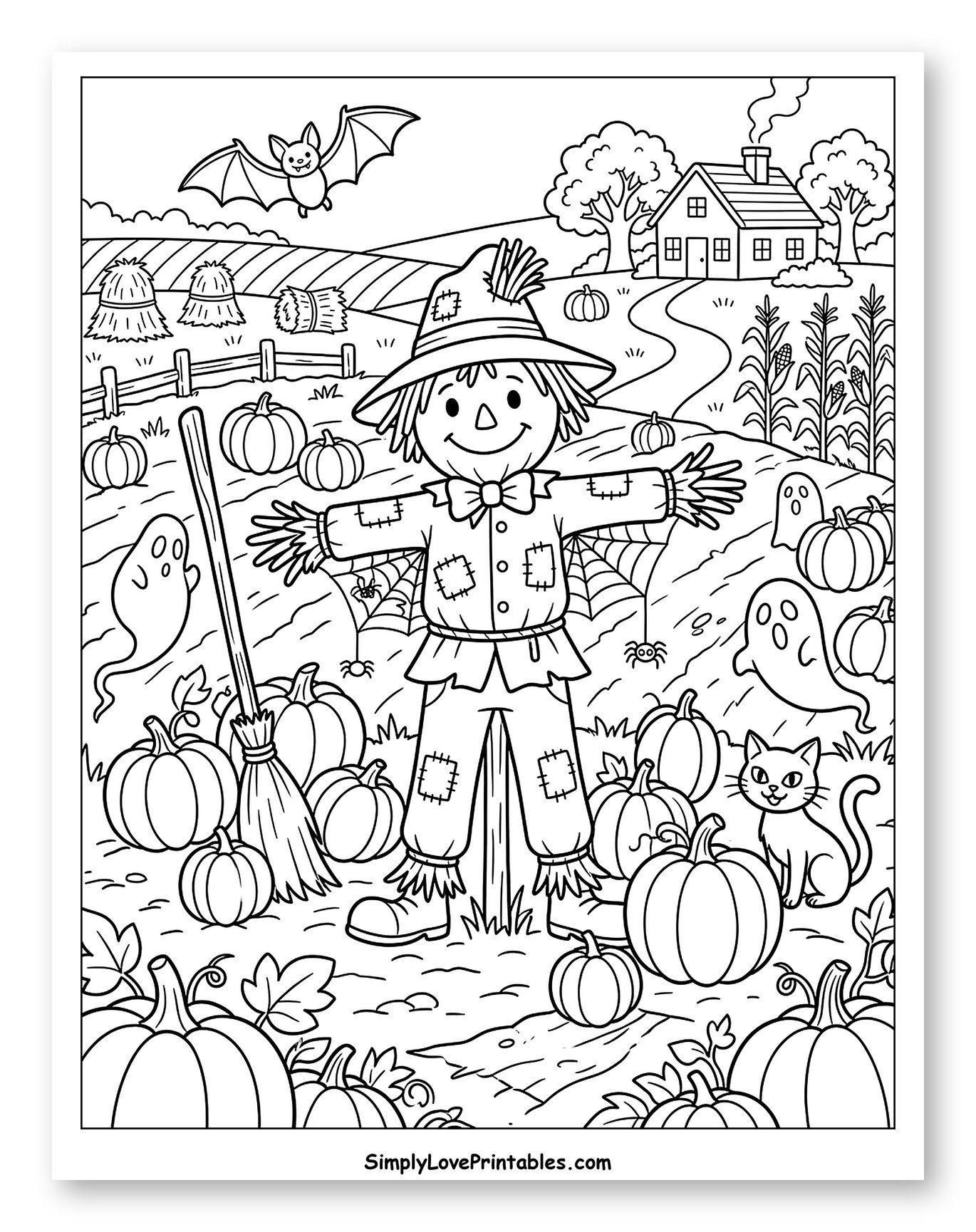 Halloween Scarecrow with Pumpkins, Ghosts and Bat
