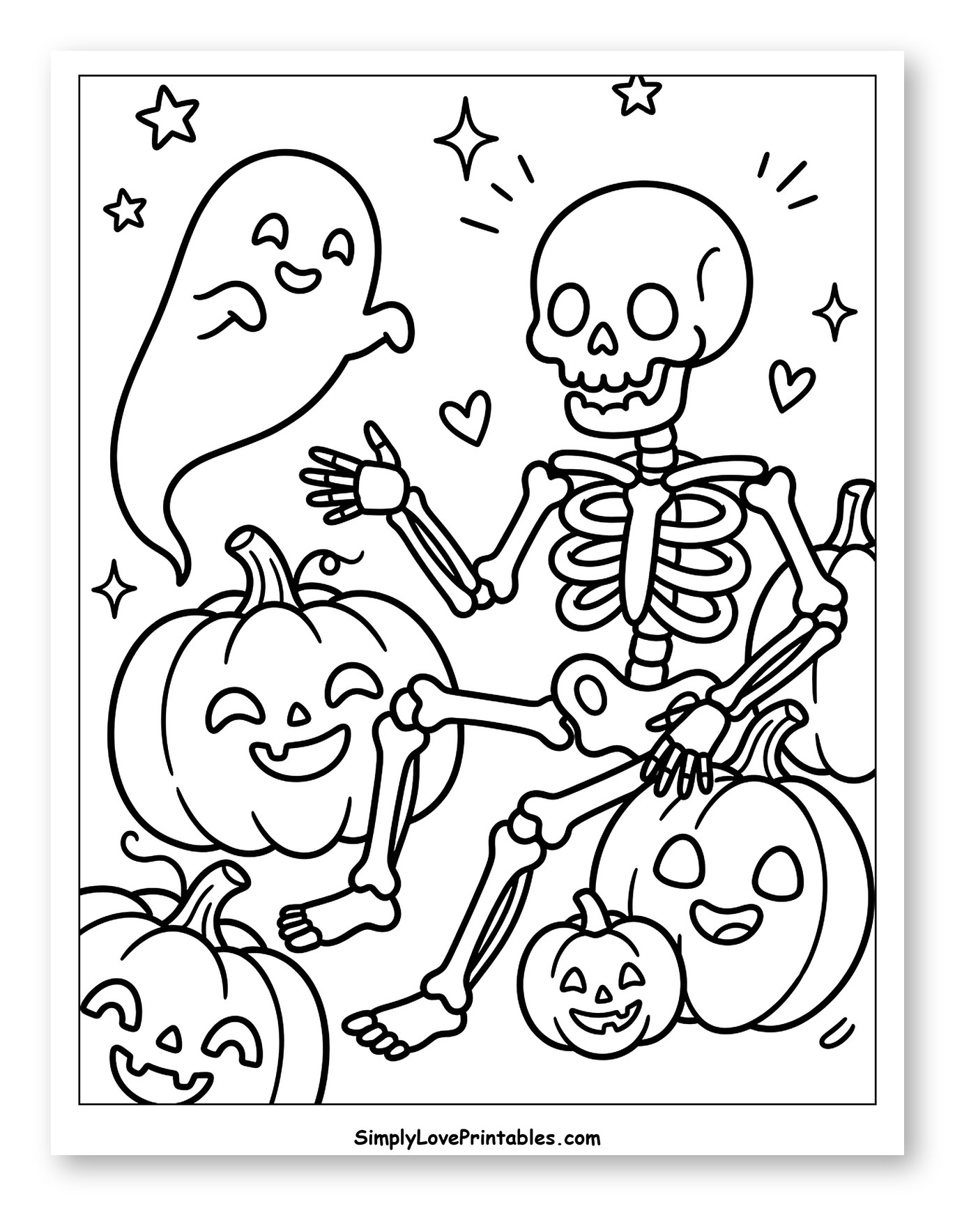 Halloween Skeleton Sitting with Smiling Pumpkins