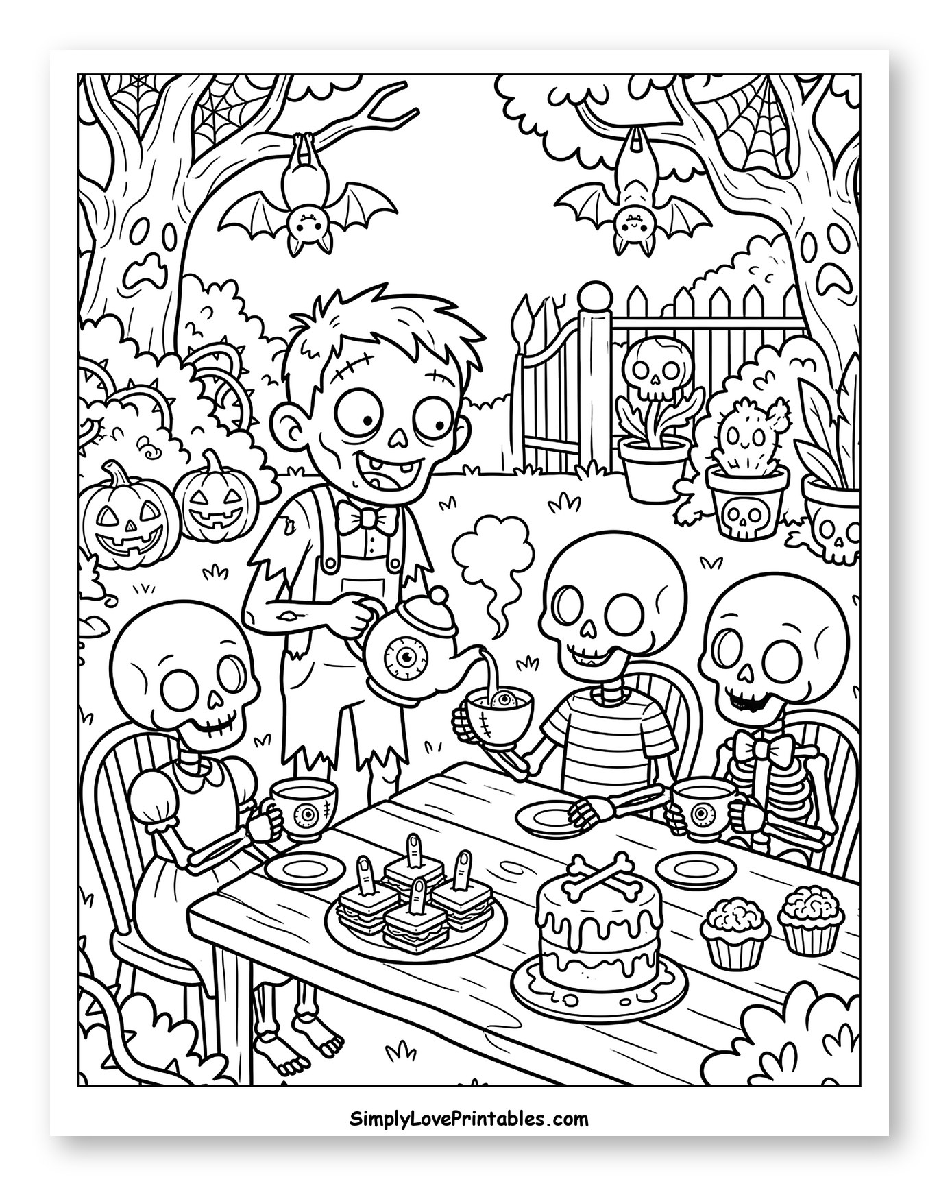 Halloween Tea Party with Zombie and Skeletons to Color for Kids