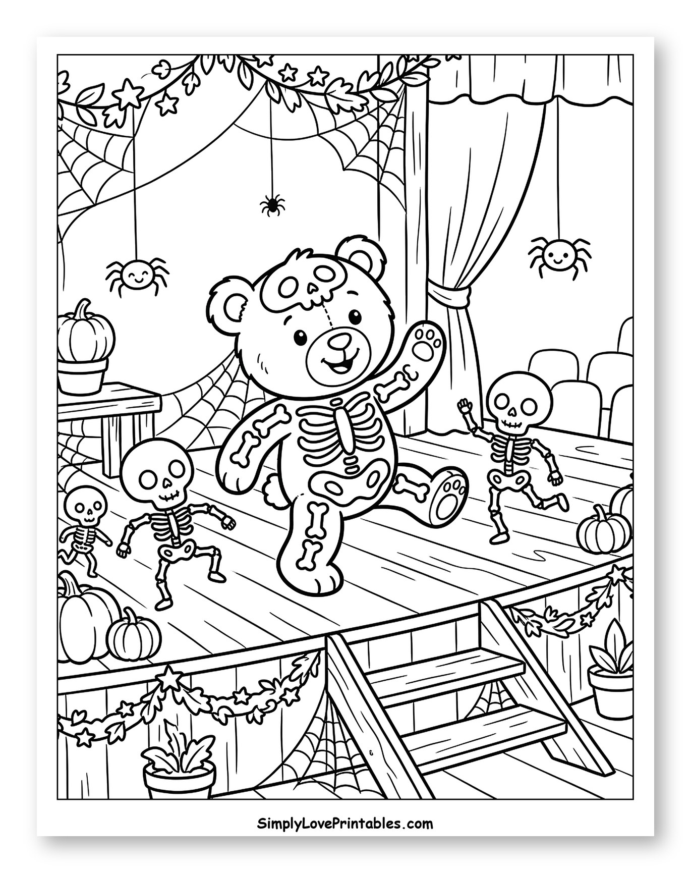Halloween Teddy Bear Skeleton Dance Party Coloring Sheet for Kids