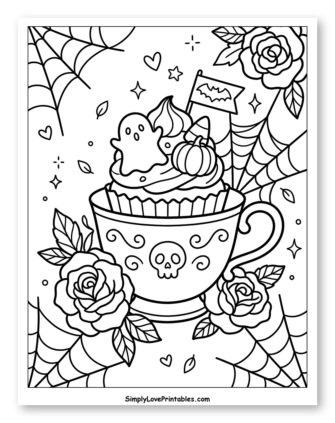 Halloween Themed Cupcake with Roses and Webs