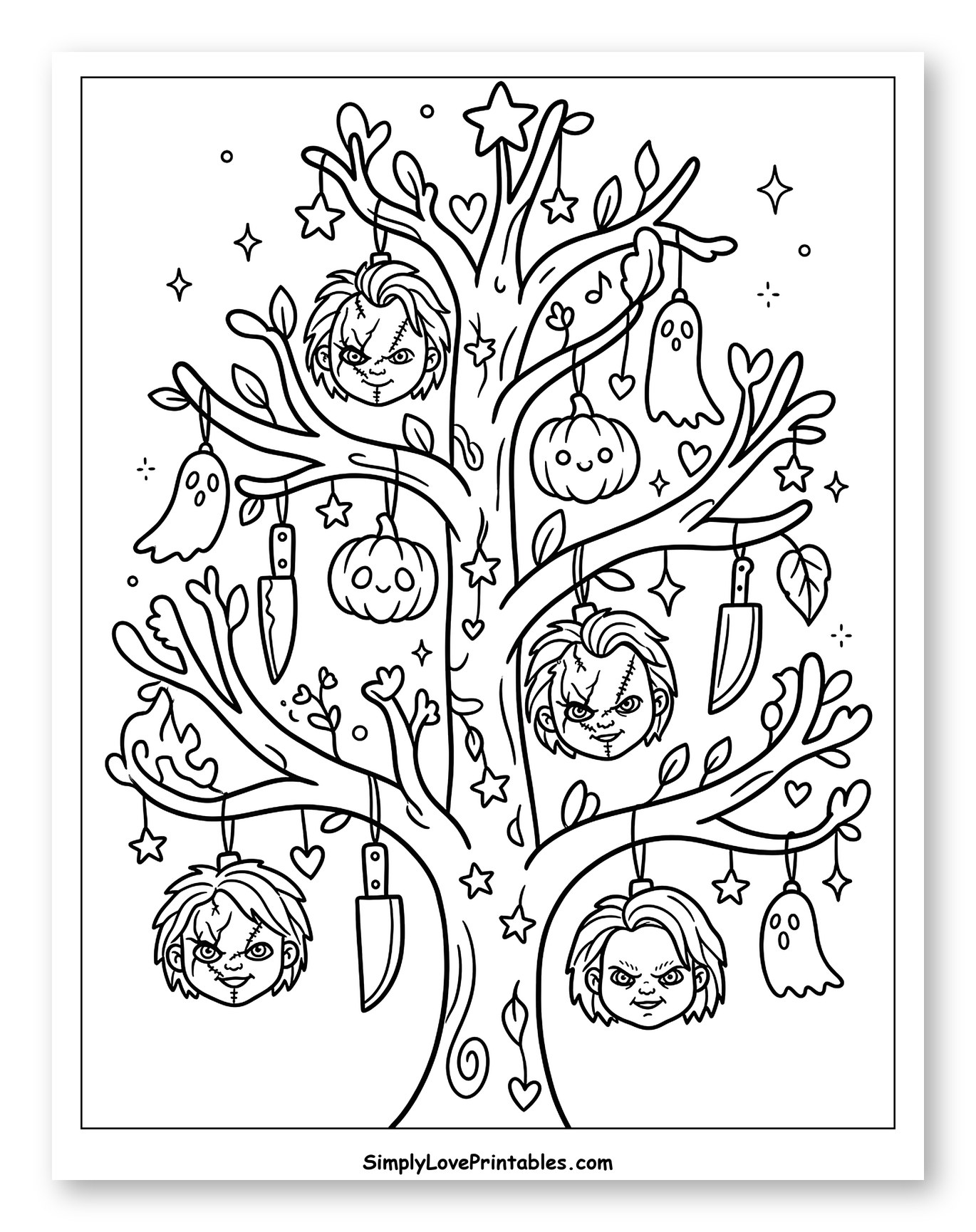 Halloween Tree with Chucky Heads and Spooky Ornaments