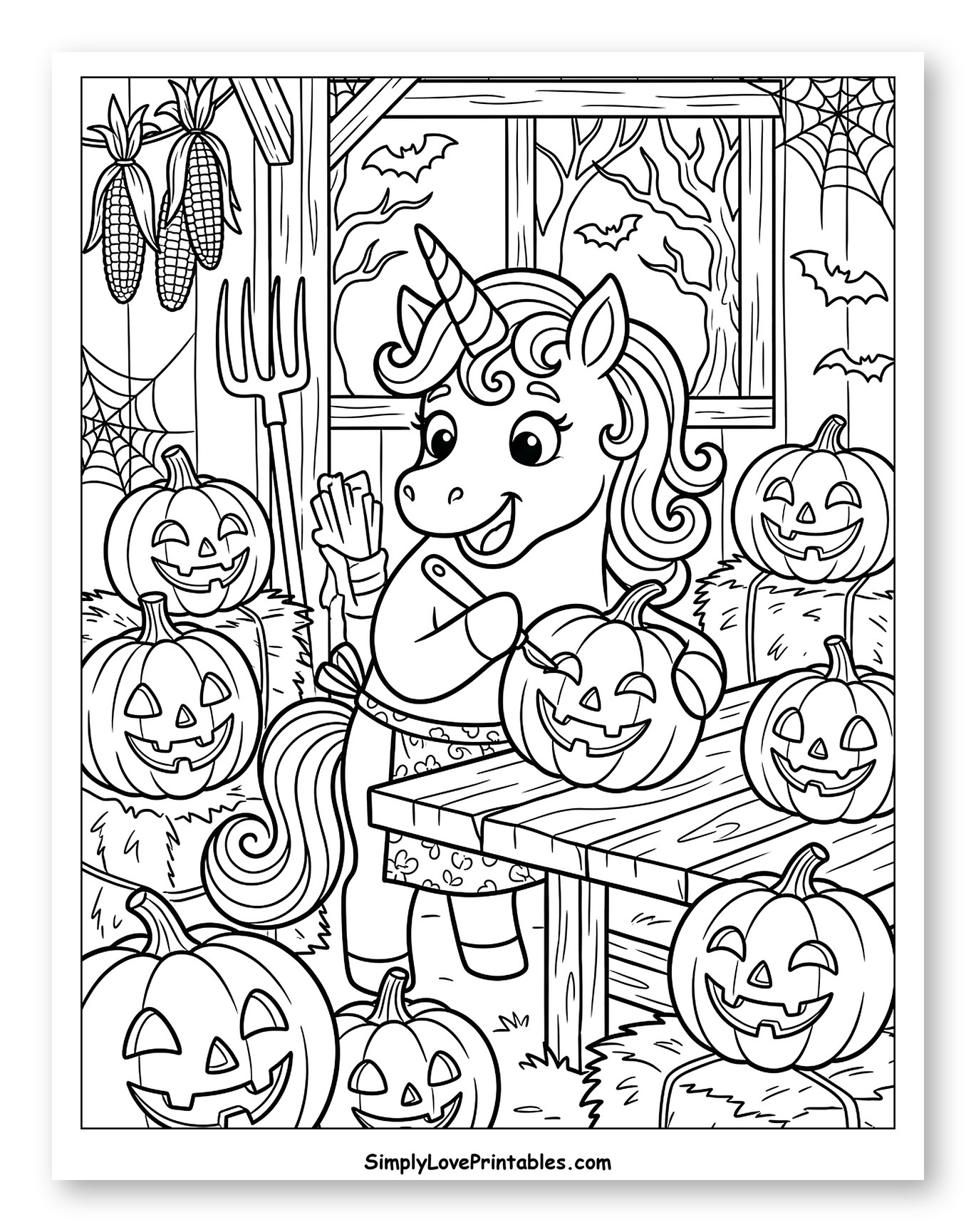 Halloween Unicorn Carving Pumpkins in a Barn