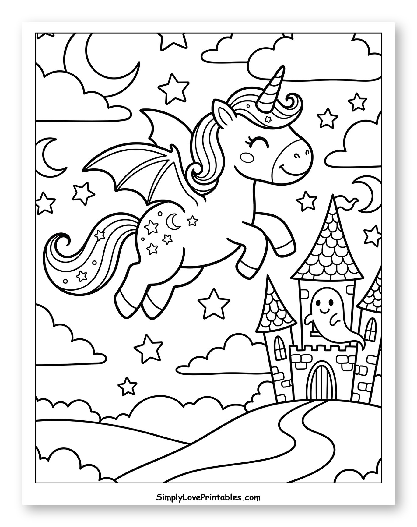 Halloween Unicorn Flying Over Spooky Castle