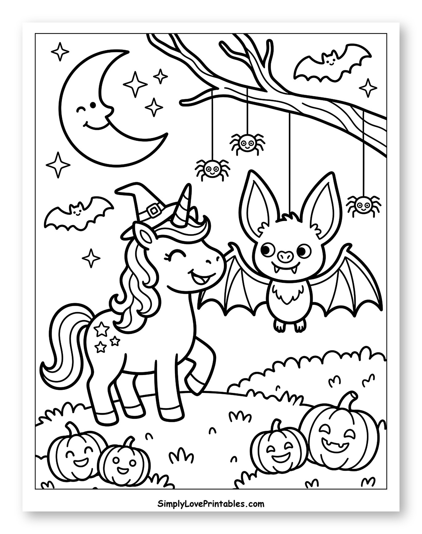 Halloween Unicorn with Bat and Pumpkins