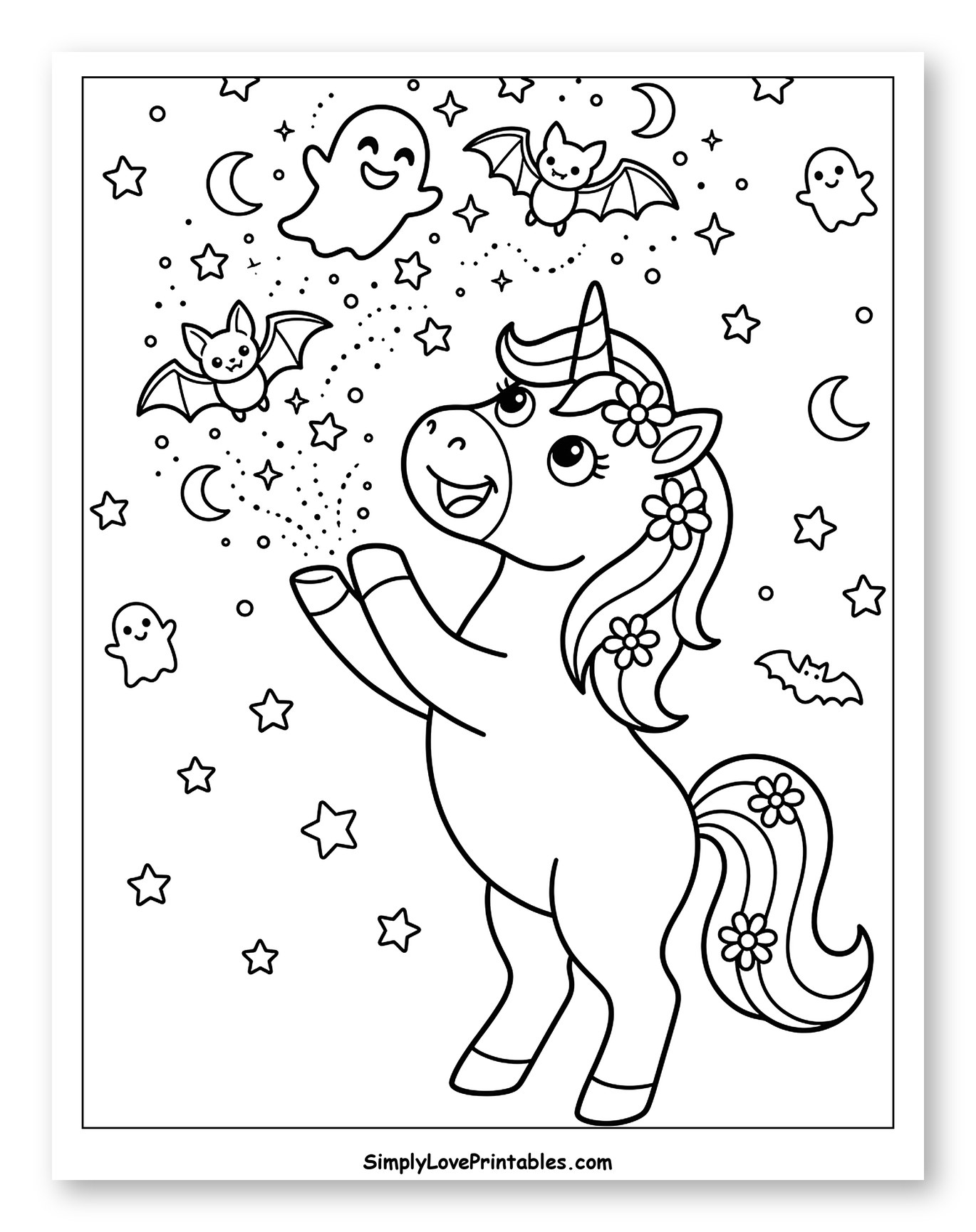 Halloween Unicorn with Flying Ghosts and Bats