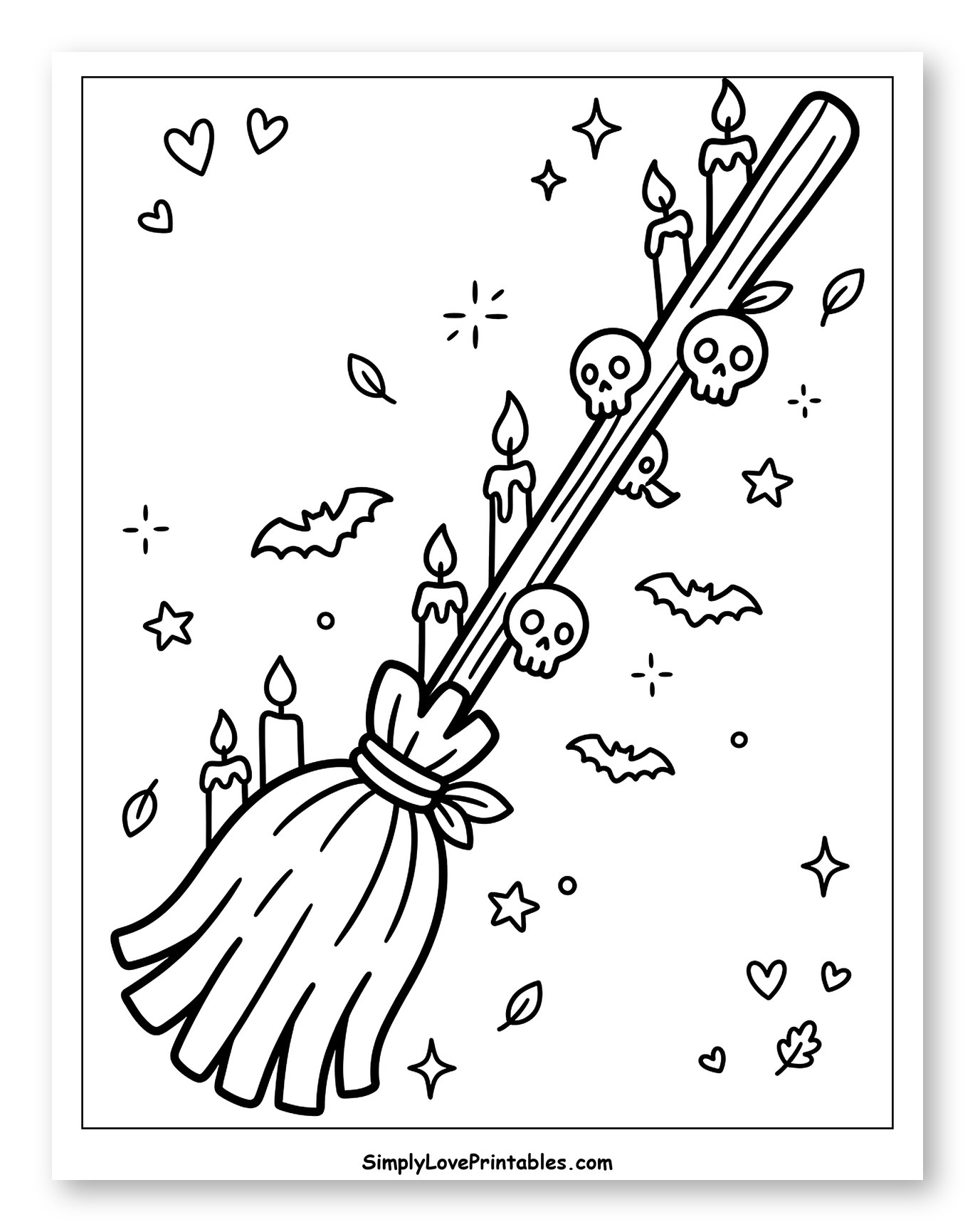 Halloween Witch's Broom with Skulls and Candles Coloring Page for Adults