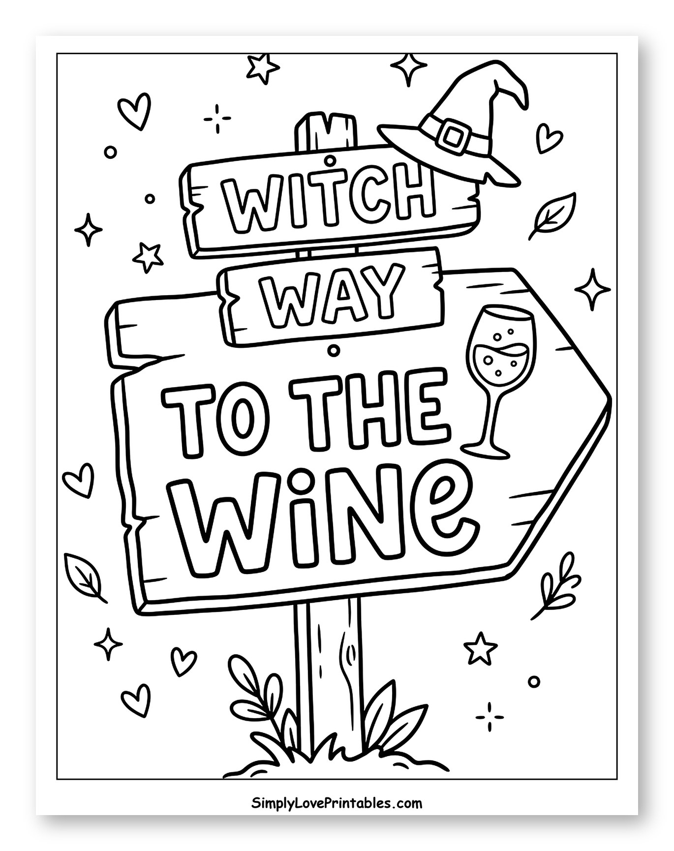 Halloween Witch Way to the Wine Signpost Coloring Sheet for Adults