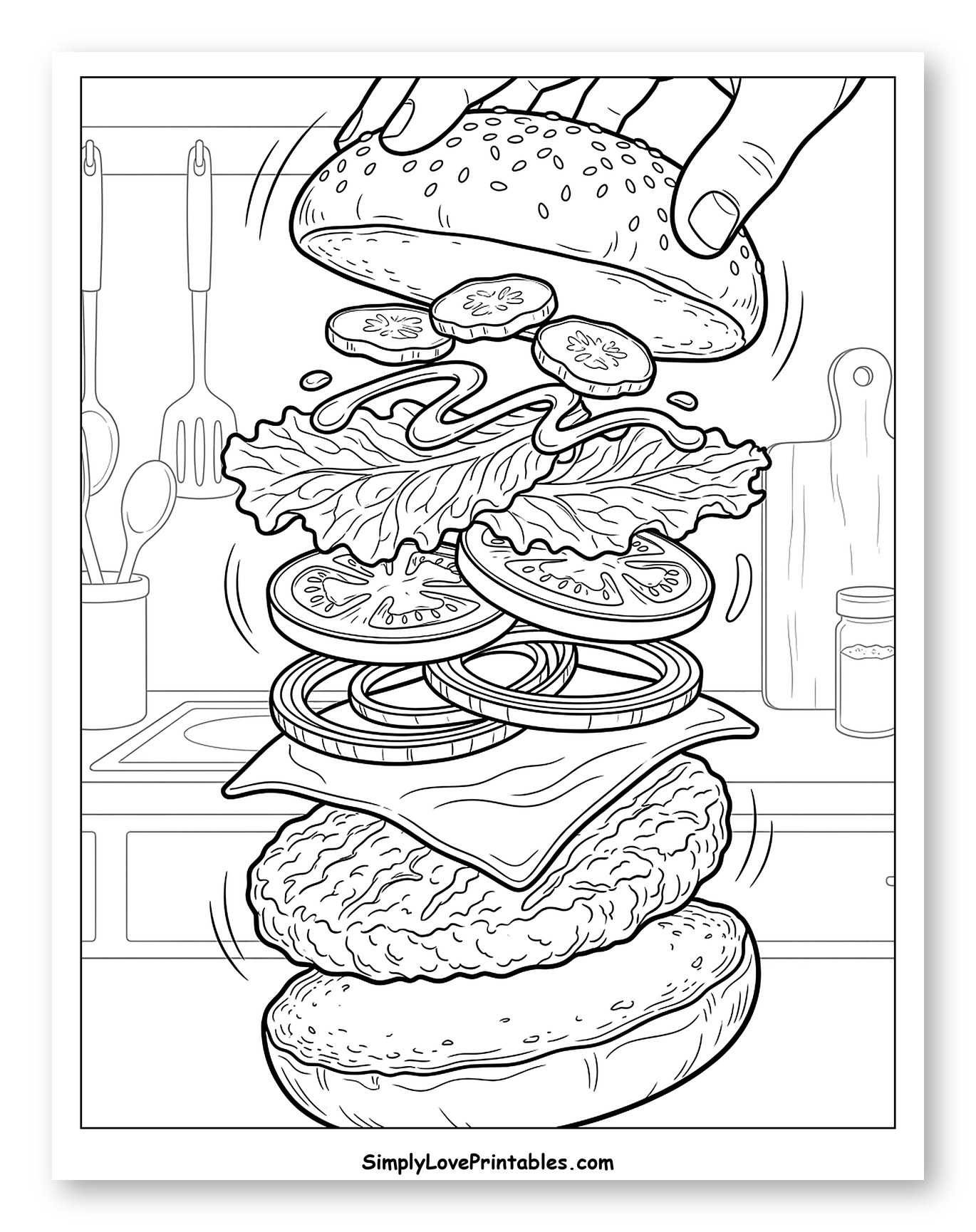 Hand Assembling a Floating Burger in the Kitchen Coloring Sheet