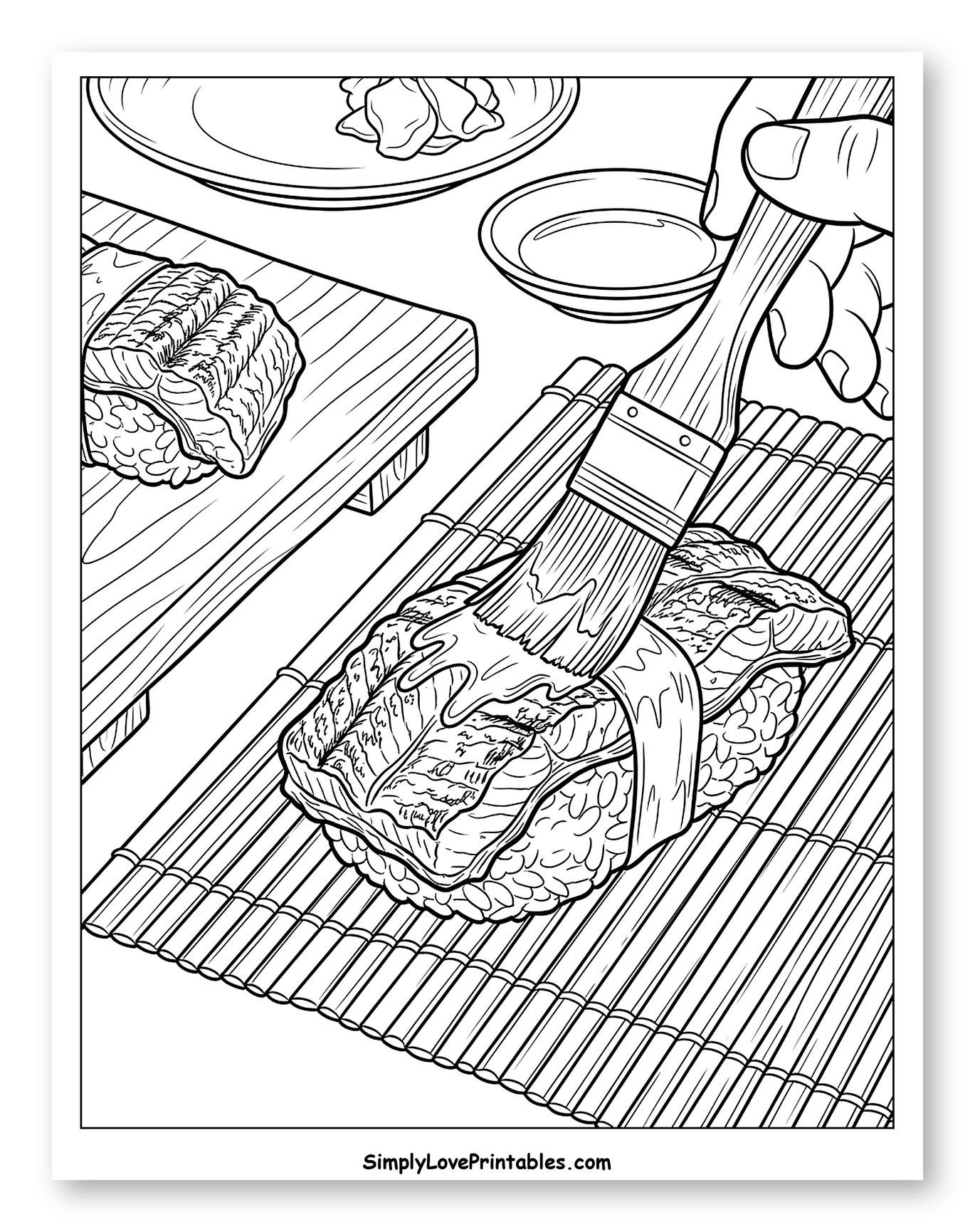 Hand Brushing Sauce on Freshly Made Sushi Coloring Page