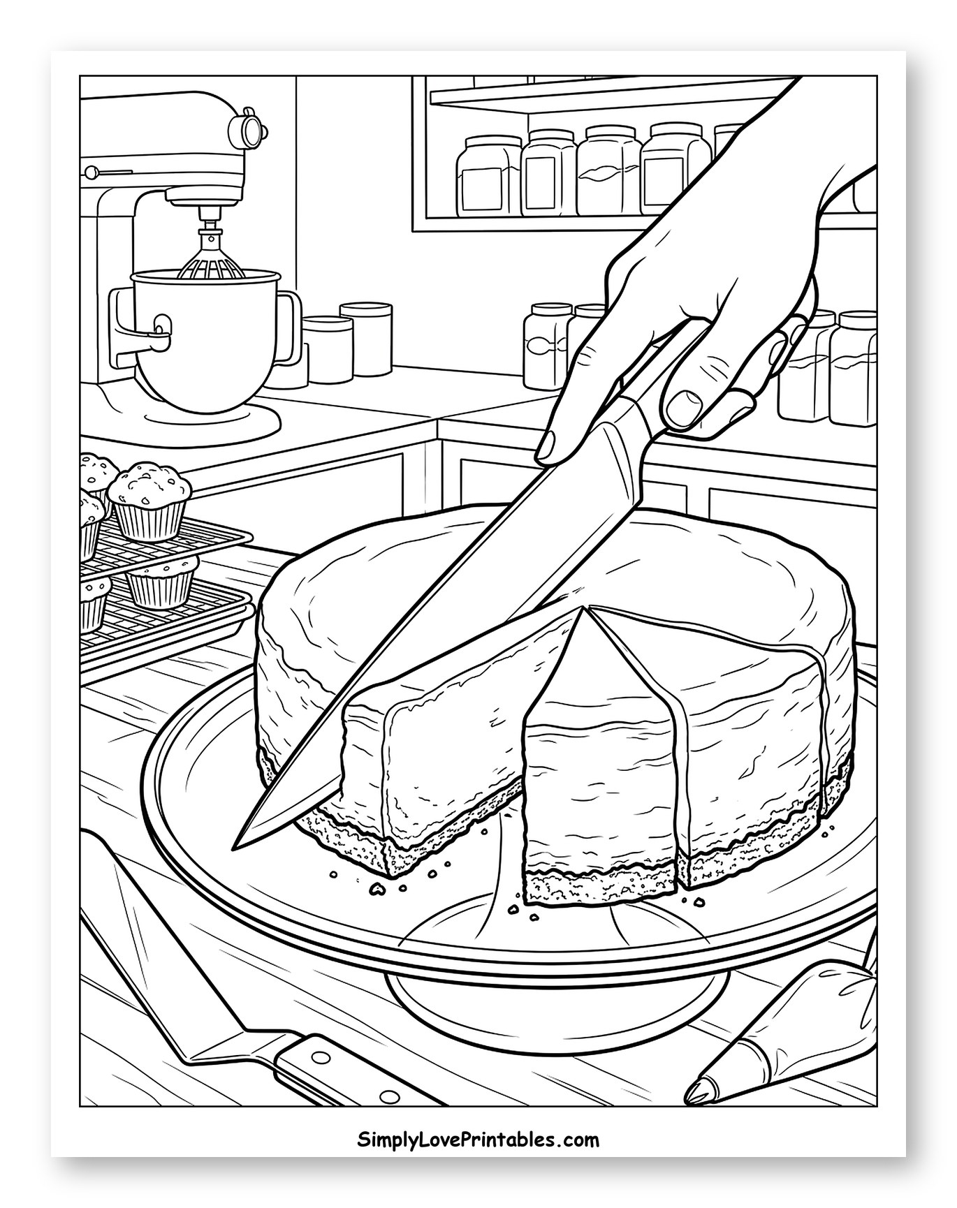 Hand Cutting a Slice of Cheesecake Coloring Page