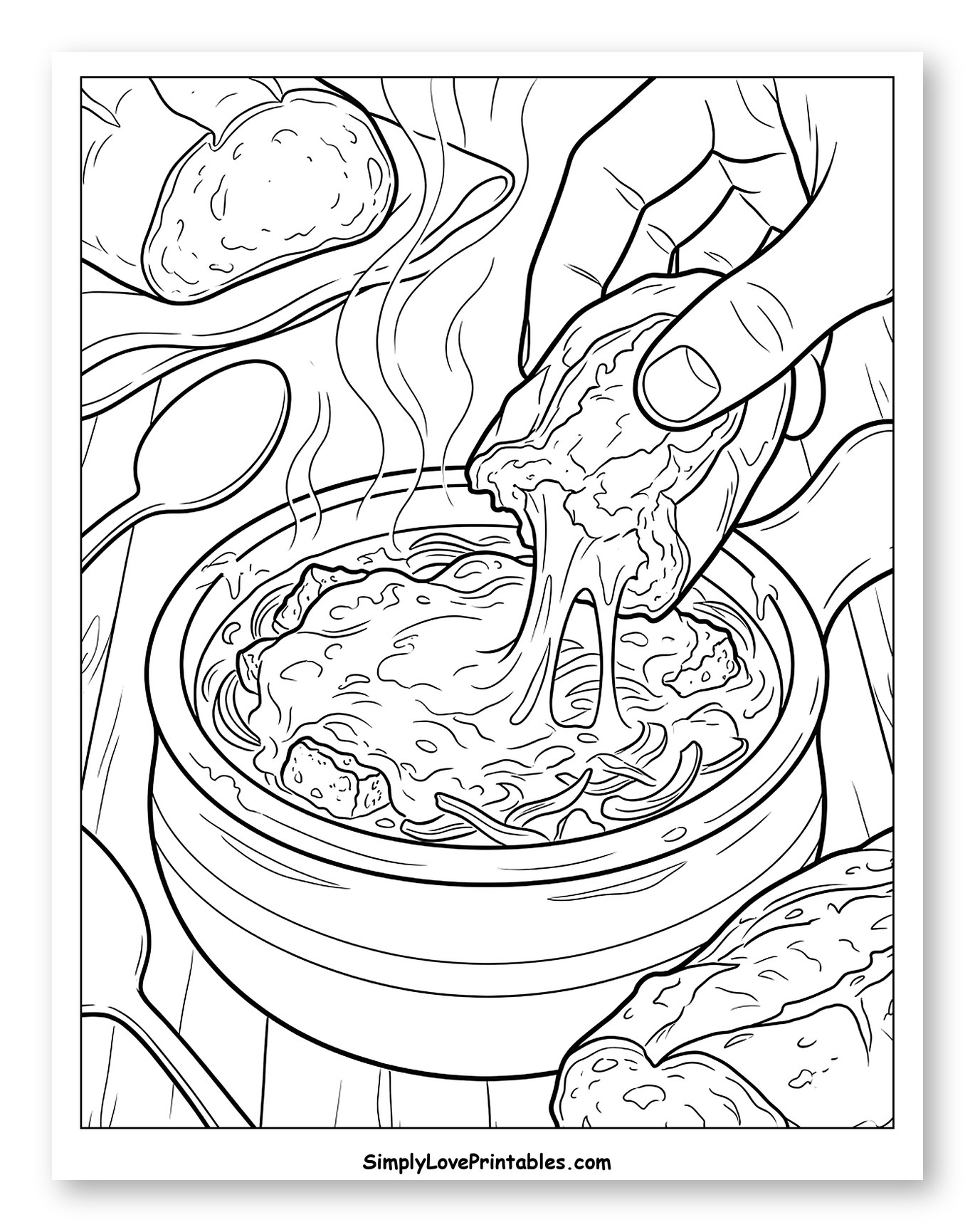Hand Dipping Cheesy Bread into Steaming Soup