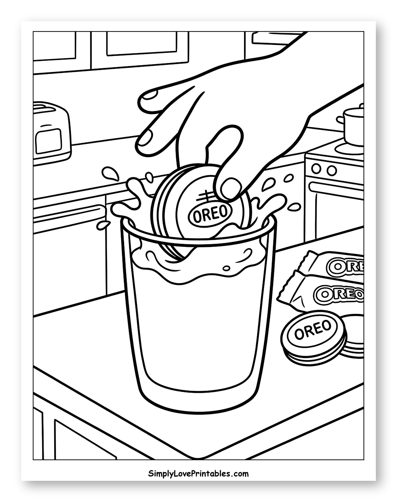 Hand Dipping Oreo in Milk Coloring Page for Kids