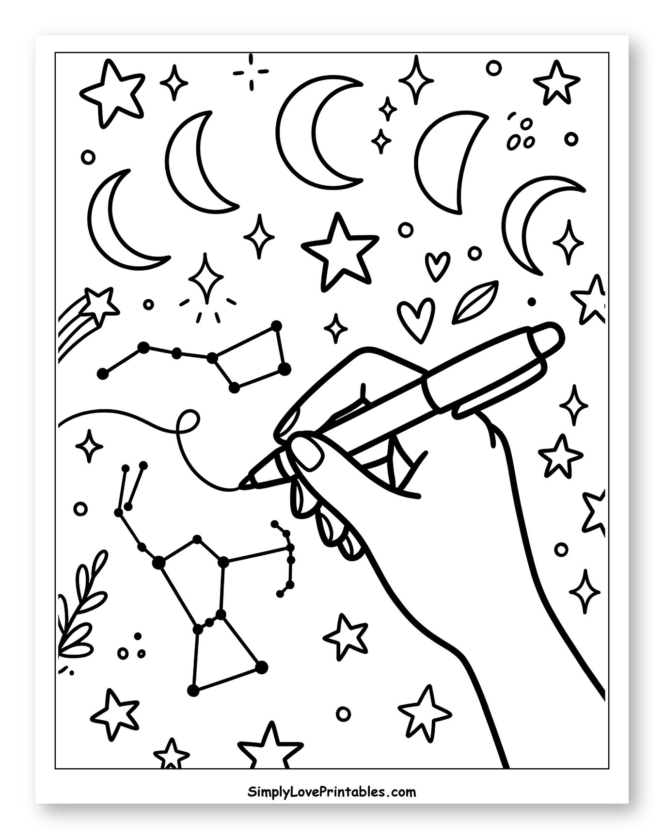 Hand Drawing Celestial Night Sky Coloring Page for Adults