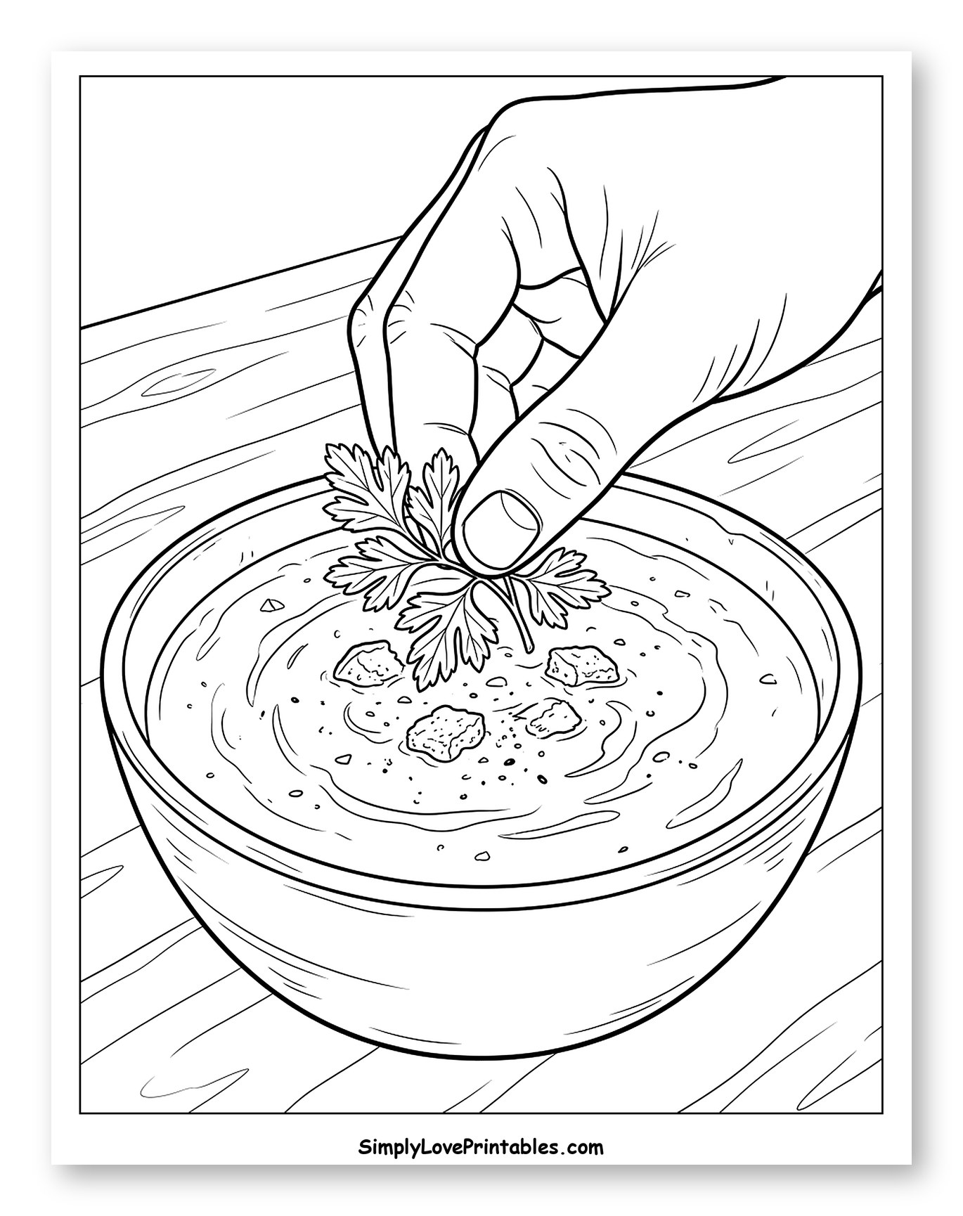 Hand Garnishing Soup with Parsley and Croutons
