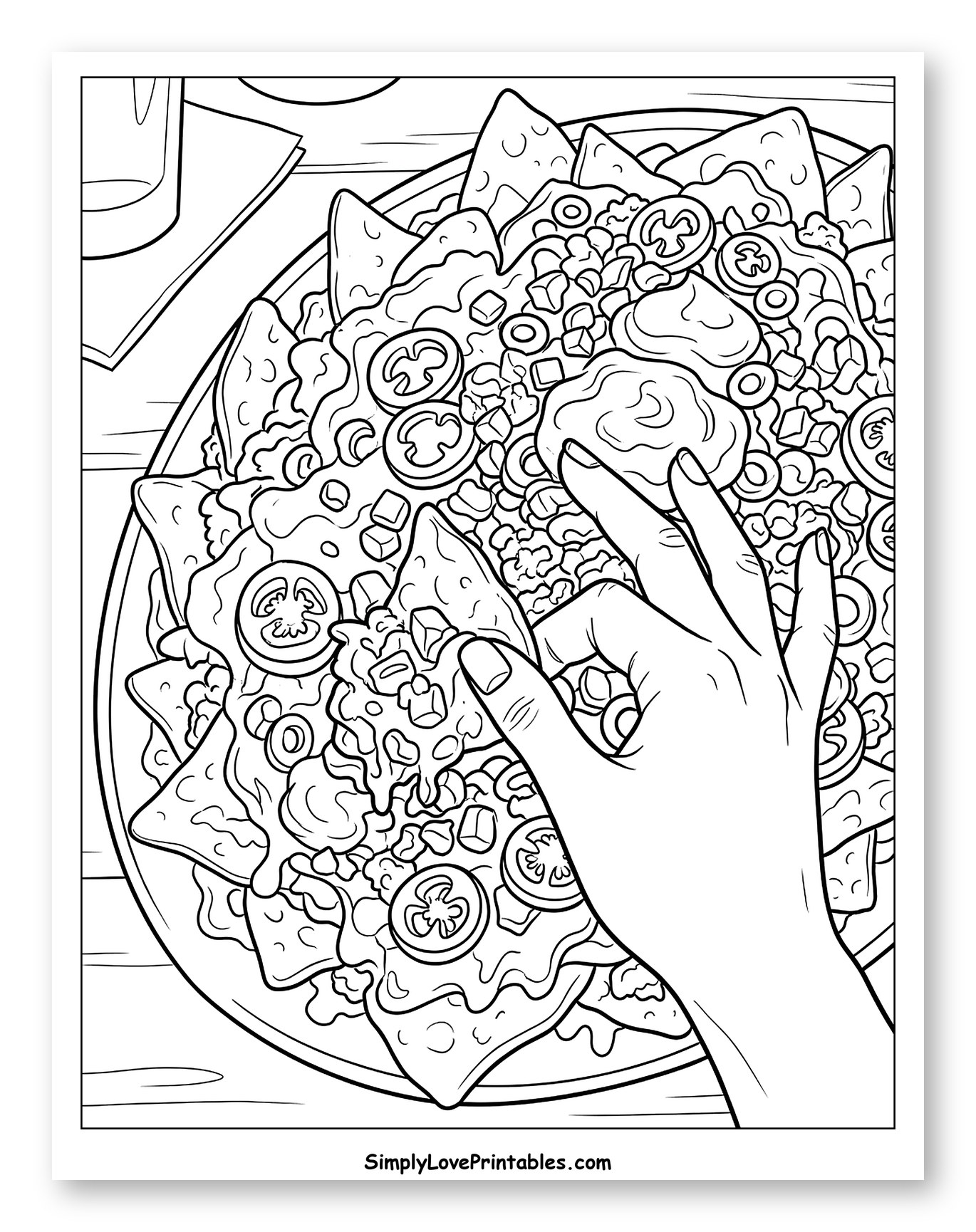 Hand Grabbing a Chip from a Plate of Nachos Coloring Sheet