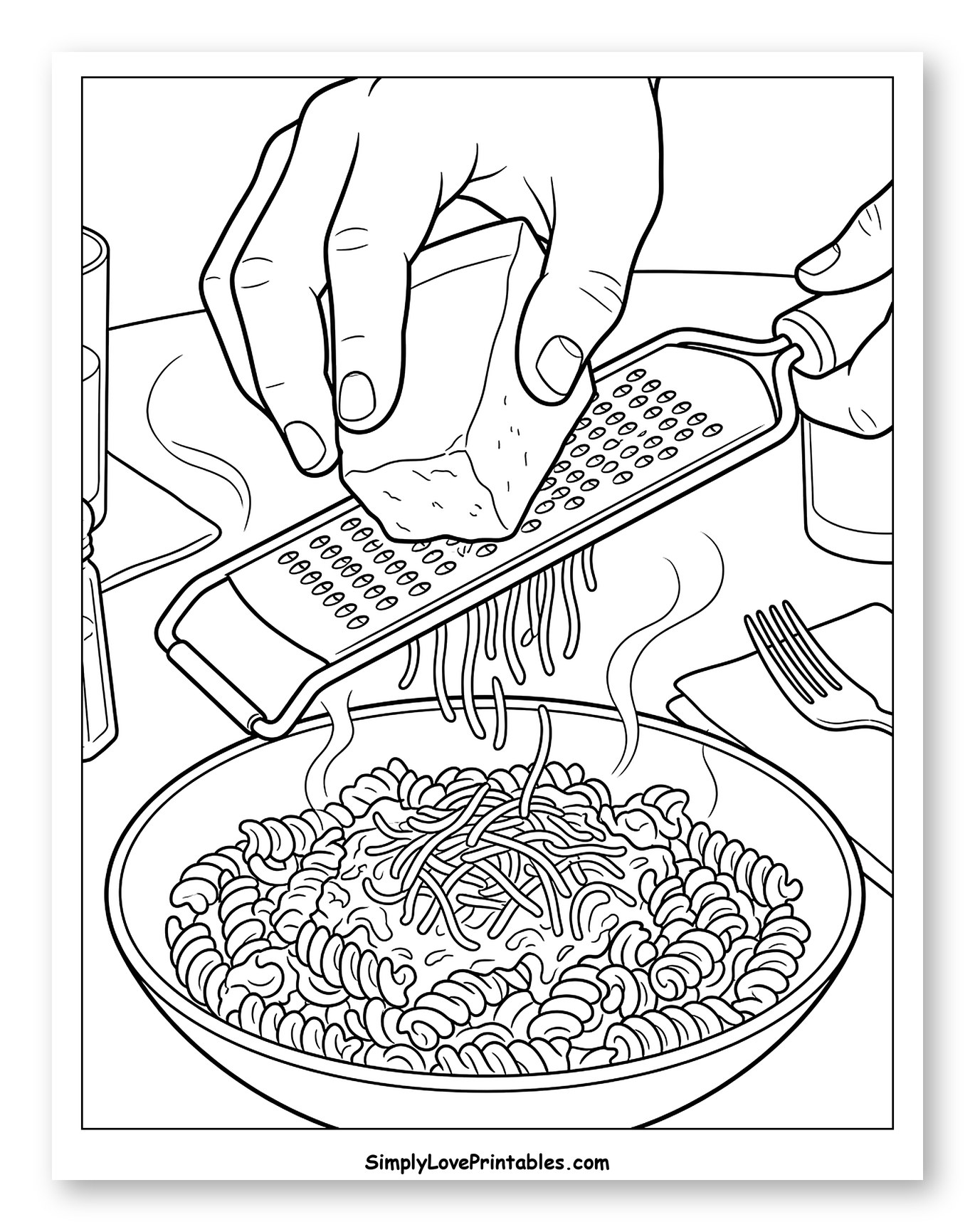 Hand Grating Cheese Over Steaming Pasta Coloring Sheet