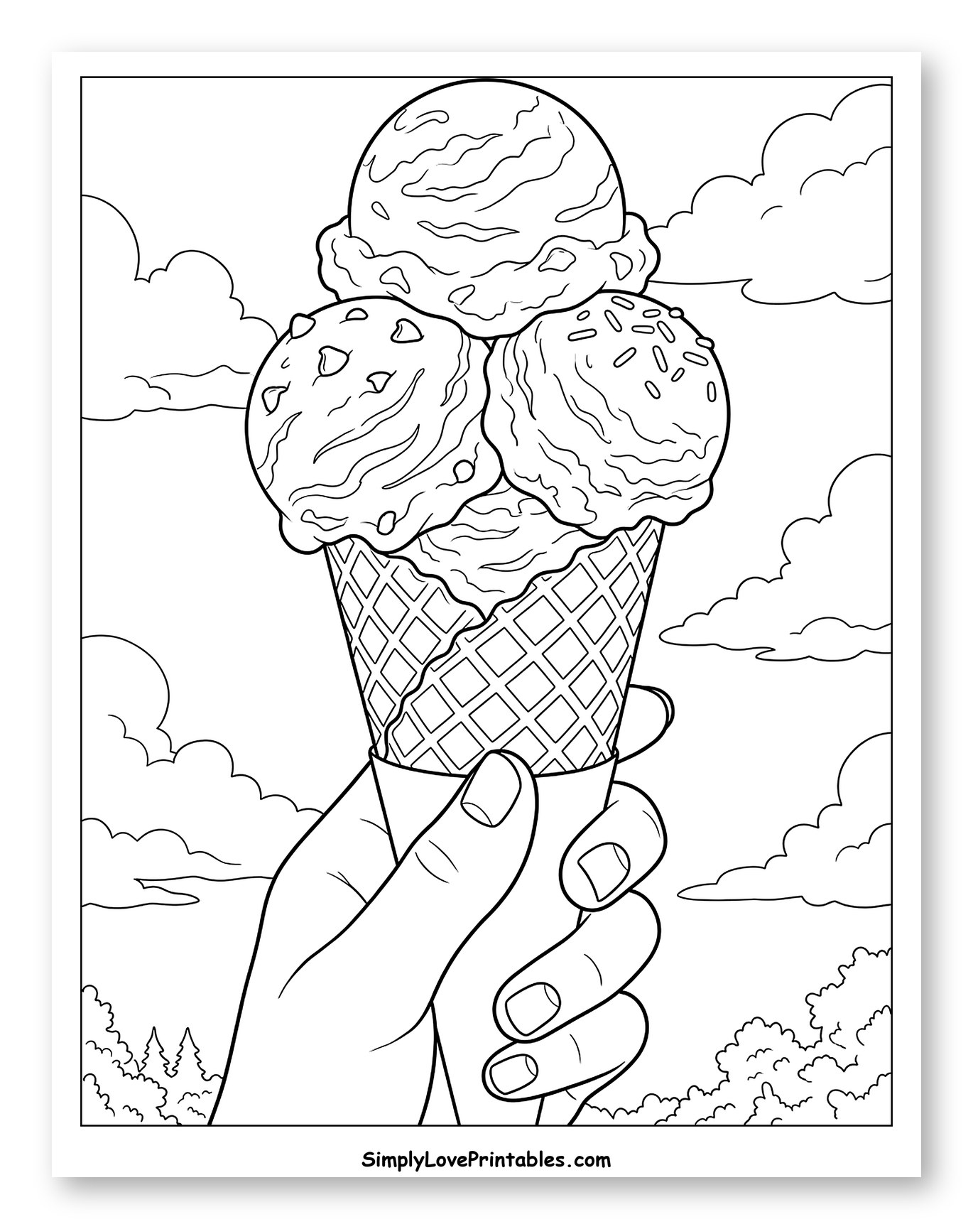 Hand Holding a Triple Scoop Ice Cream Cone Coloring Sheet