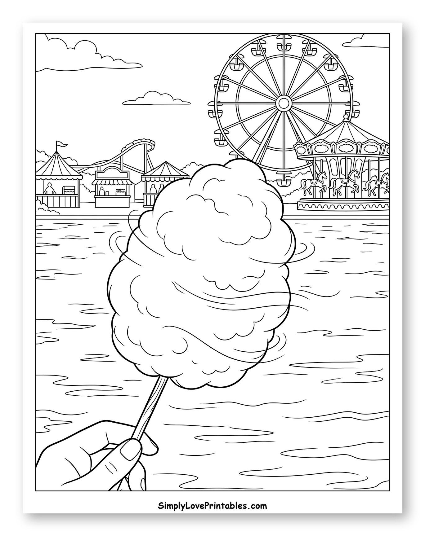 Hand Holding Cotton Candy at a Carnival Coloring Sheet