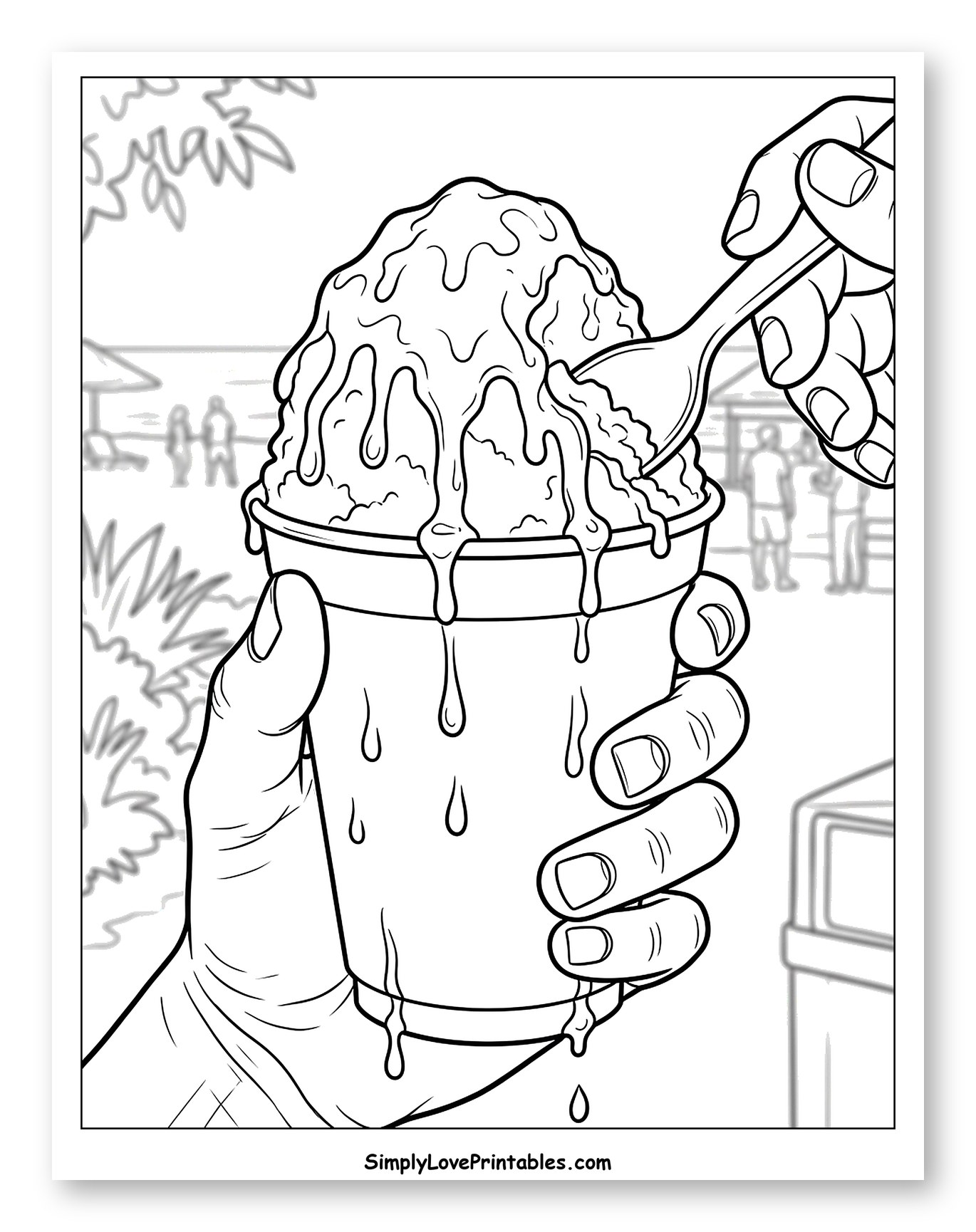 Hand Holding Dripping Snow Cone Coloring Sheet