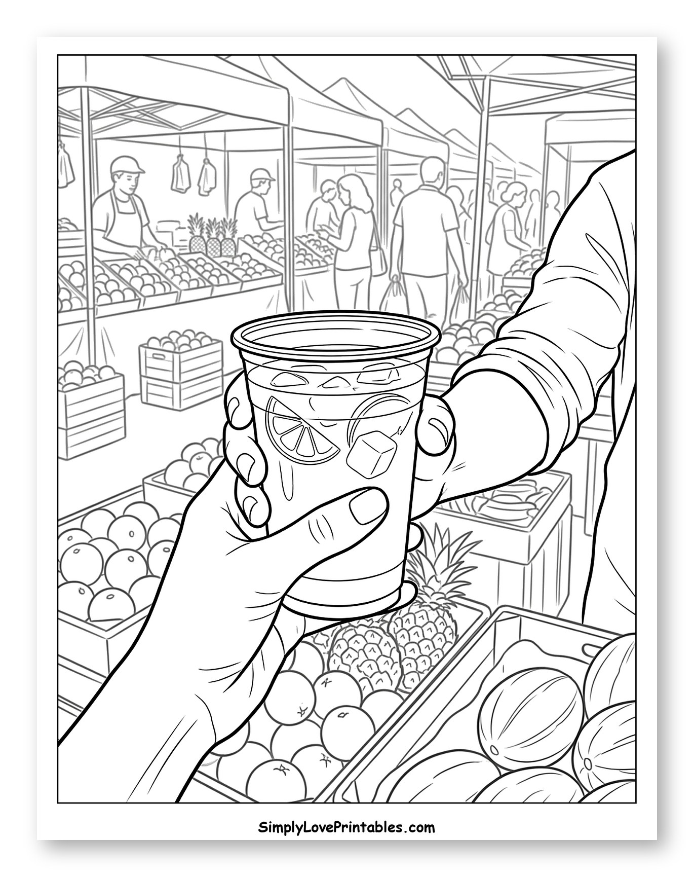Hand Holding Juice at a Busy Fruit Market Coloring Sheet