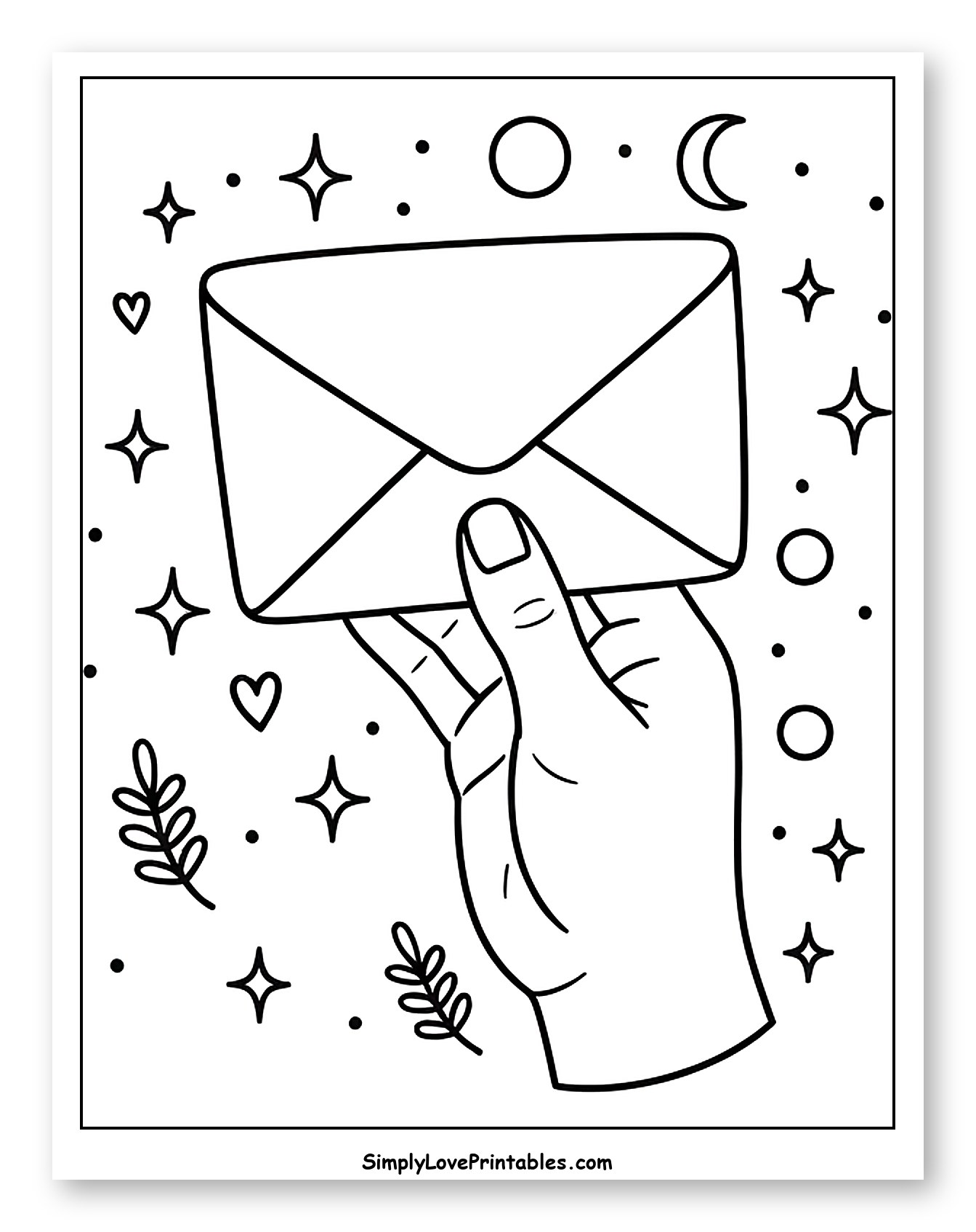 Hand Holding Magical Envelope with Stars and Moon Coloring Sheet for Adults