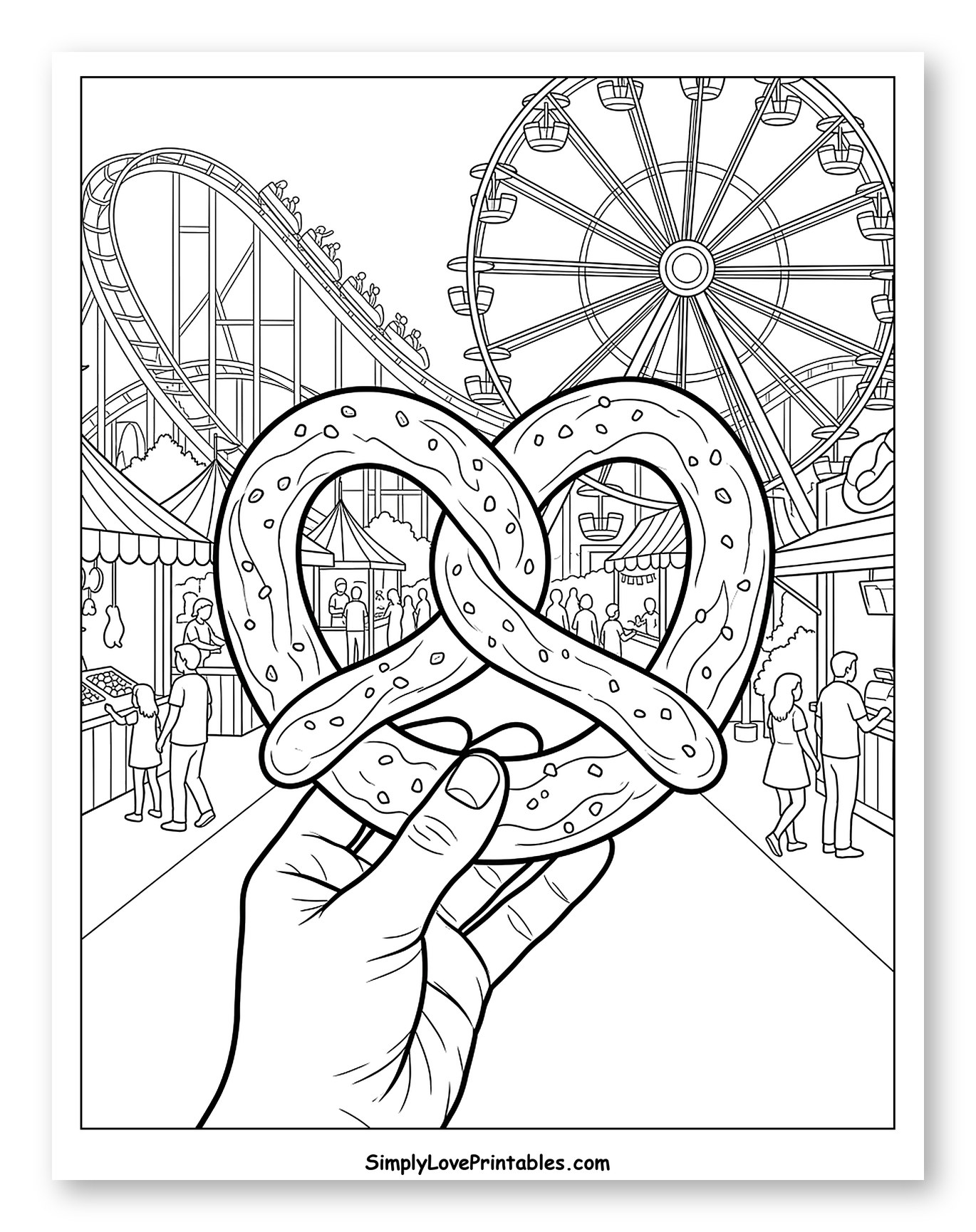 Hand Holding Pretzel at Amusement Park Coloring Sheet