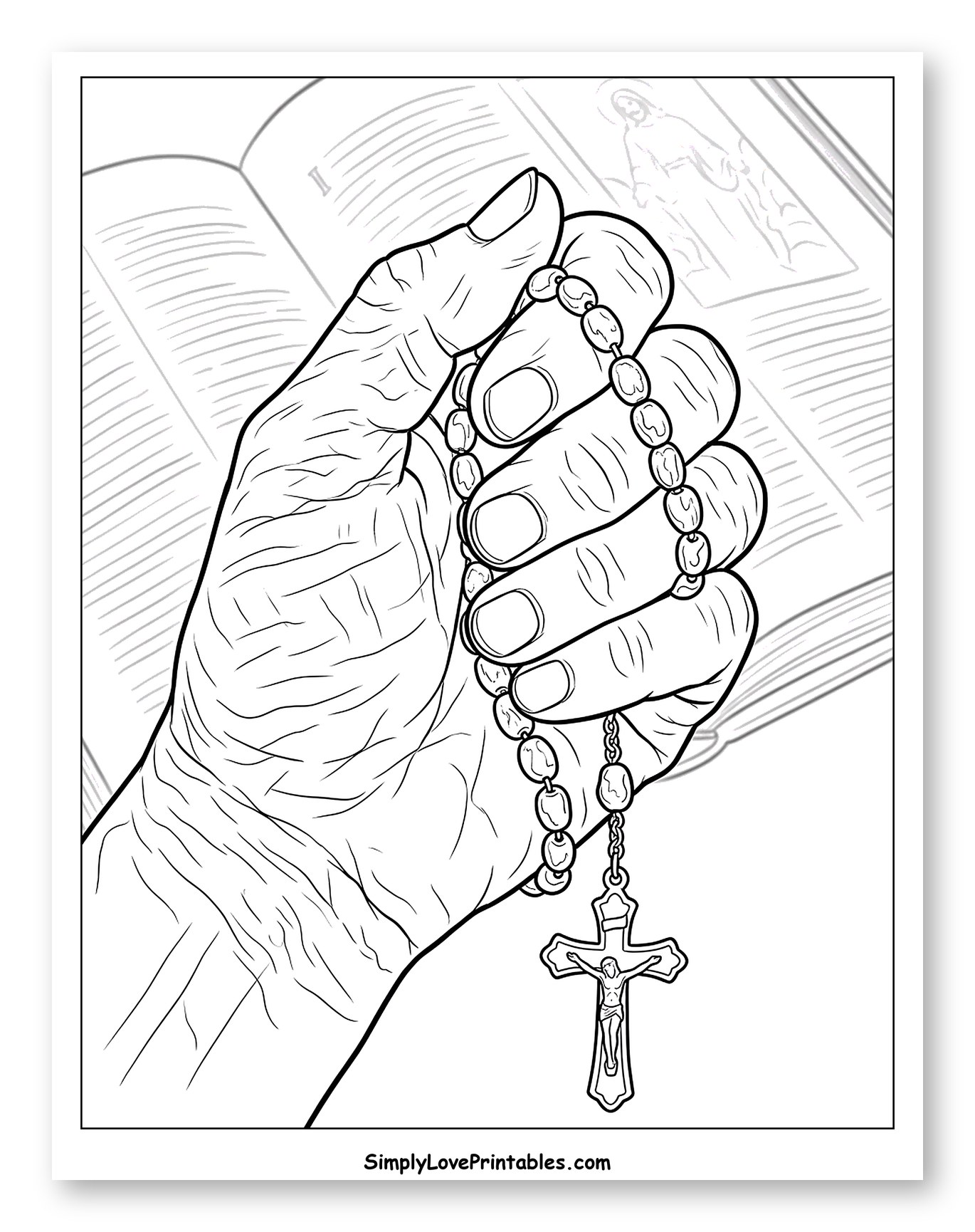 Hand Holding Rosary with Open Book