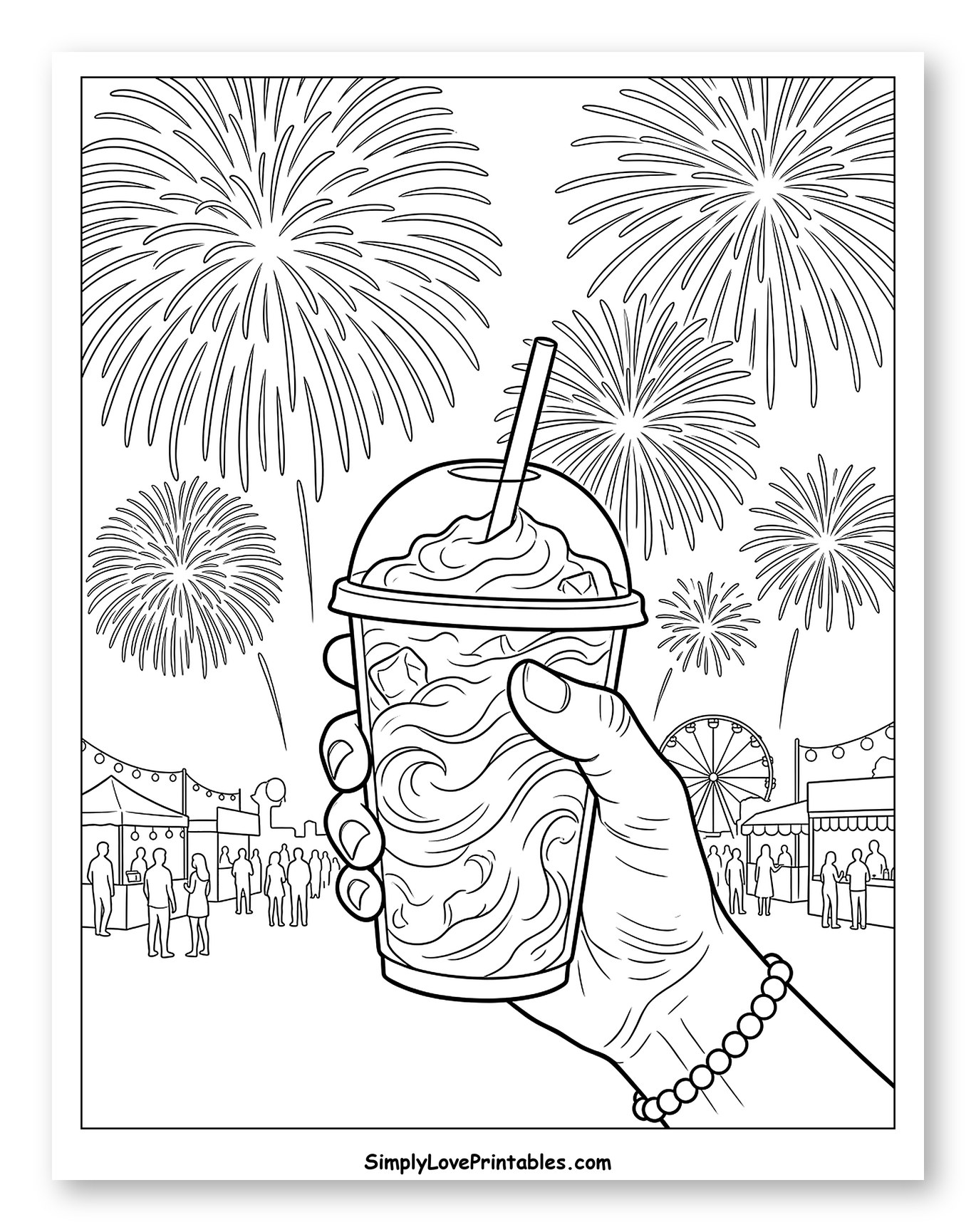 Hand Holding Slushie at Fireworks Festival Coloring Page
